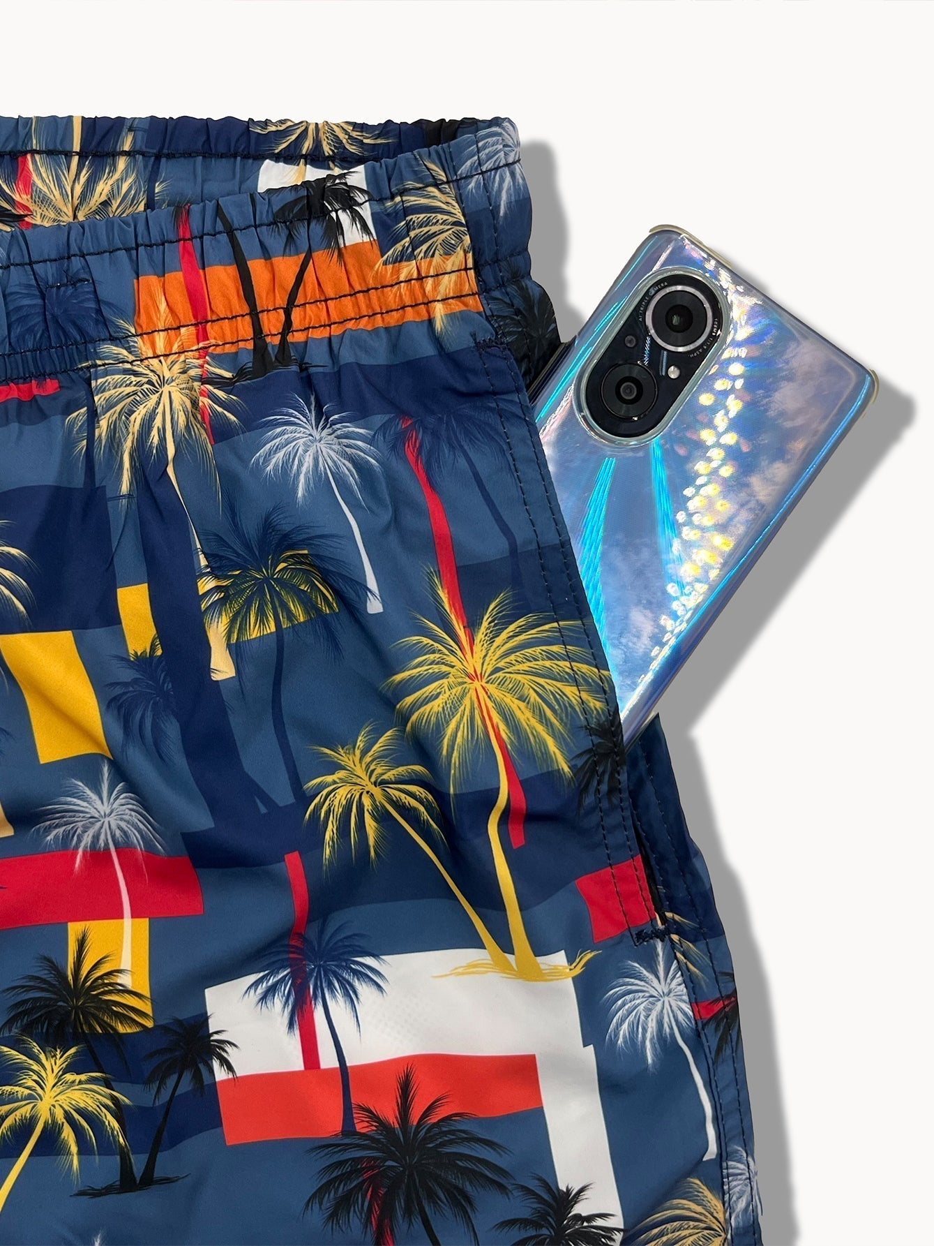 Linen Rayon Blend Button Up Shirt & Palm Tree Color Block Print Swim Shorts