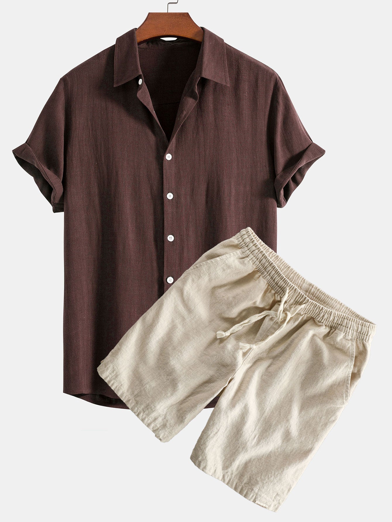 Linen Rayon Blend Button Up Shirt & Linen Cotton Blend Drawstring Shorts