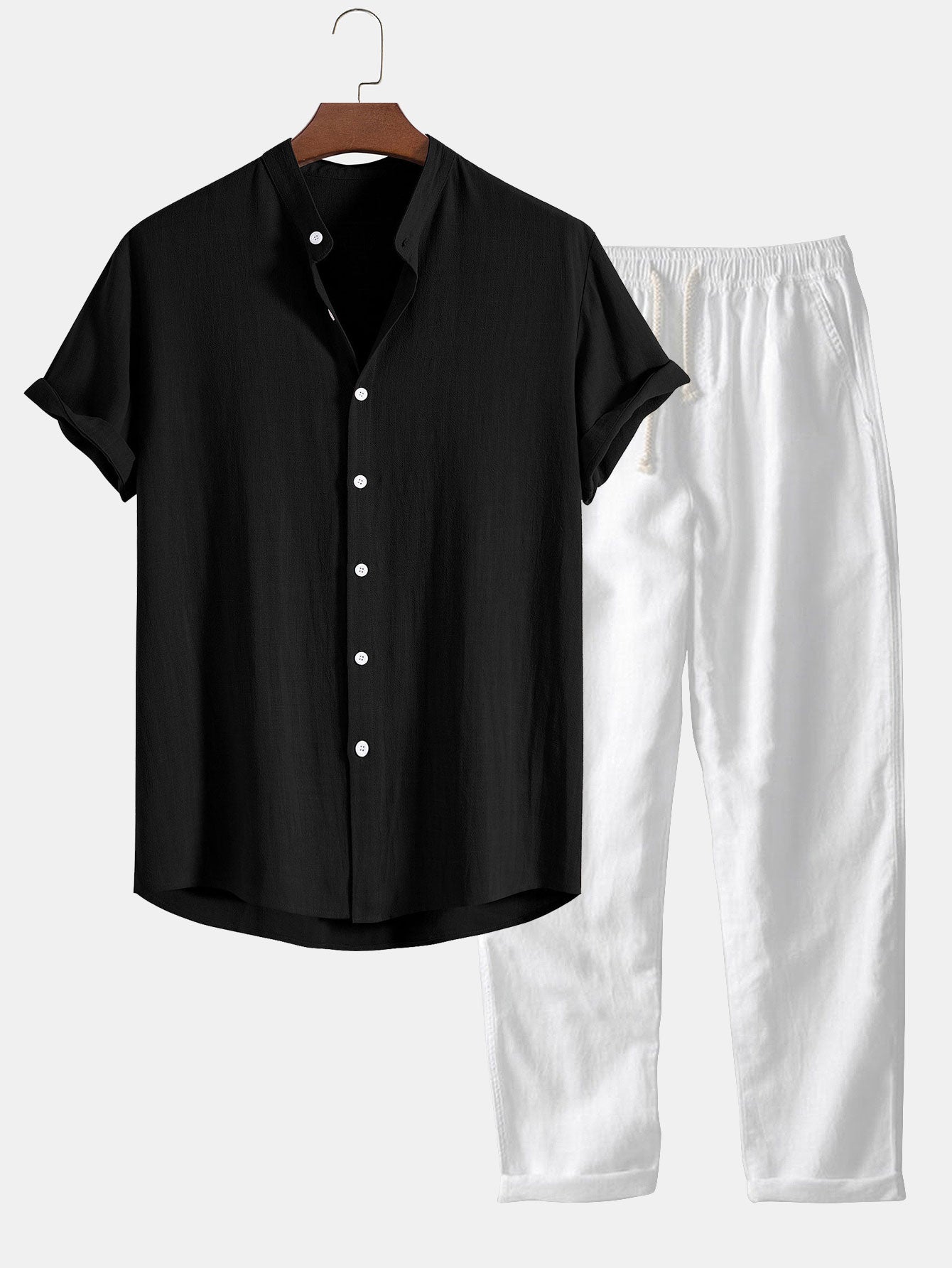 Linen And Rayon Blend Stand Collar Shirt & Straight Leg Linen Pants