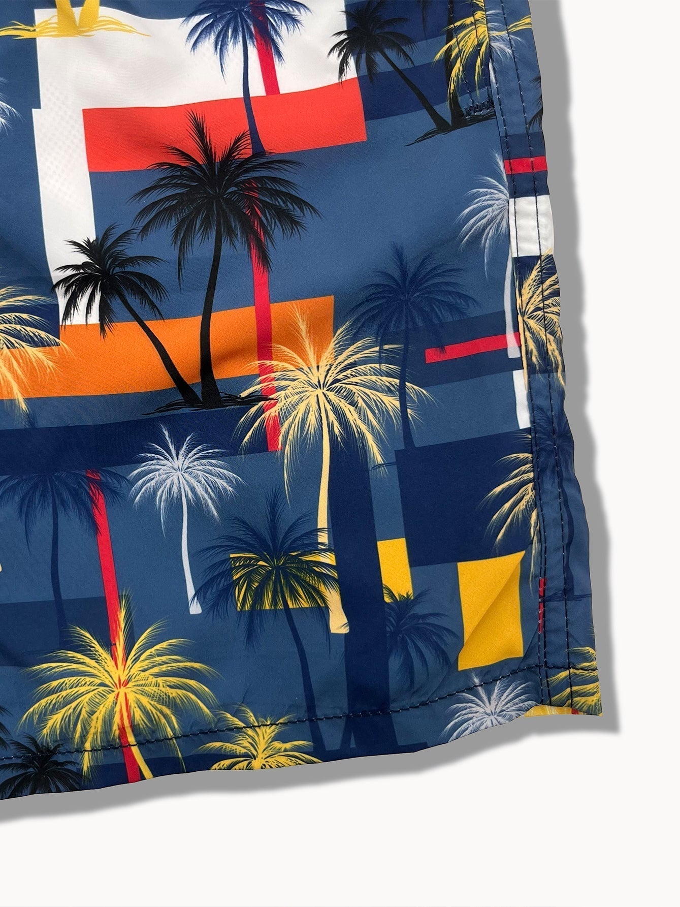 Linen Rayon Blend Button Up Shirt & Palm Tree Color Block Print Swim Shorts