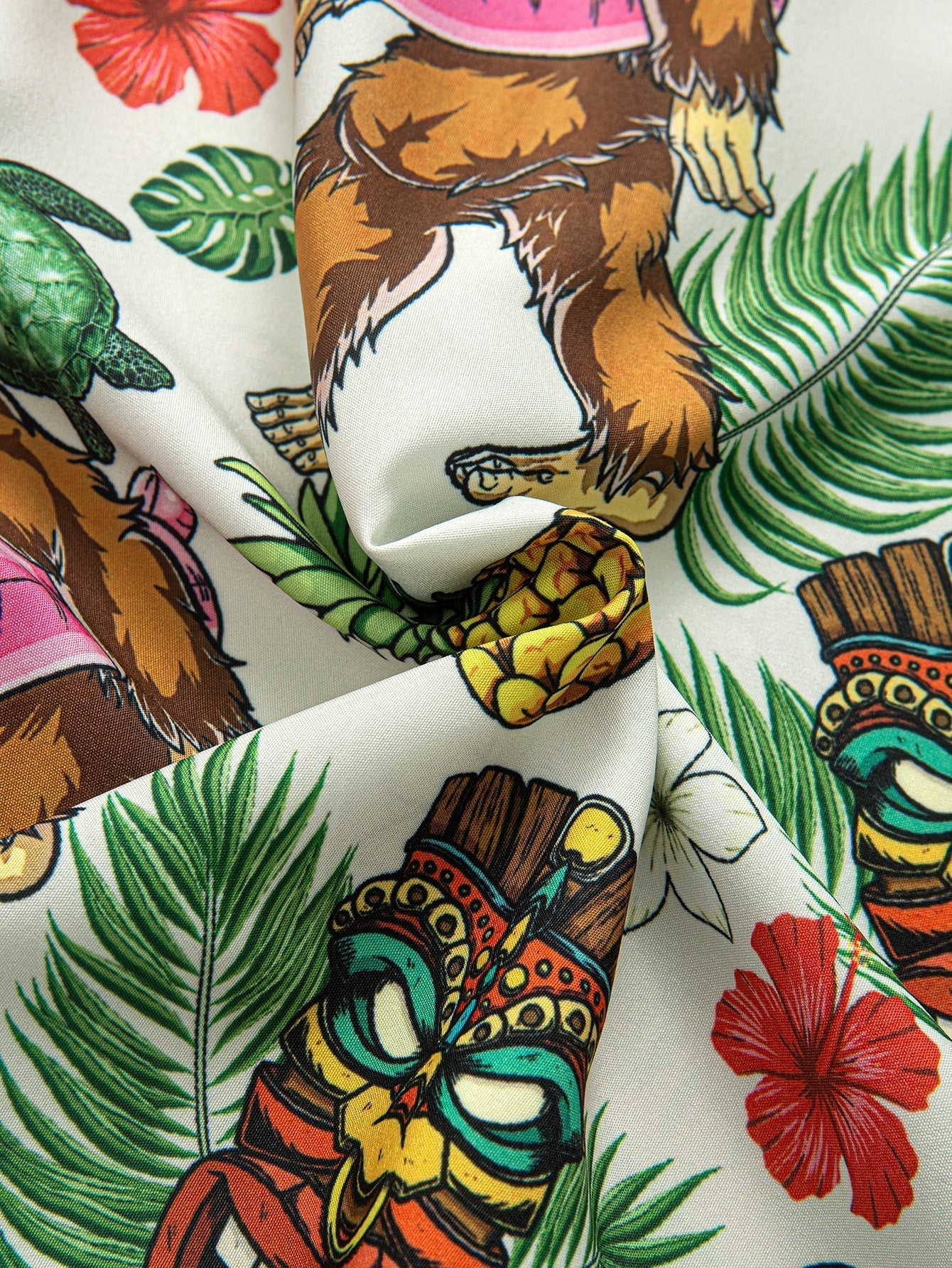Tropical Tiki Bigfoot Print Button Up Shirt & Man Mid Length Drawstring Swim Shorts
