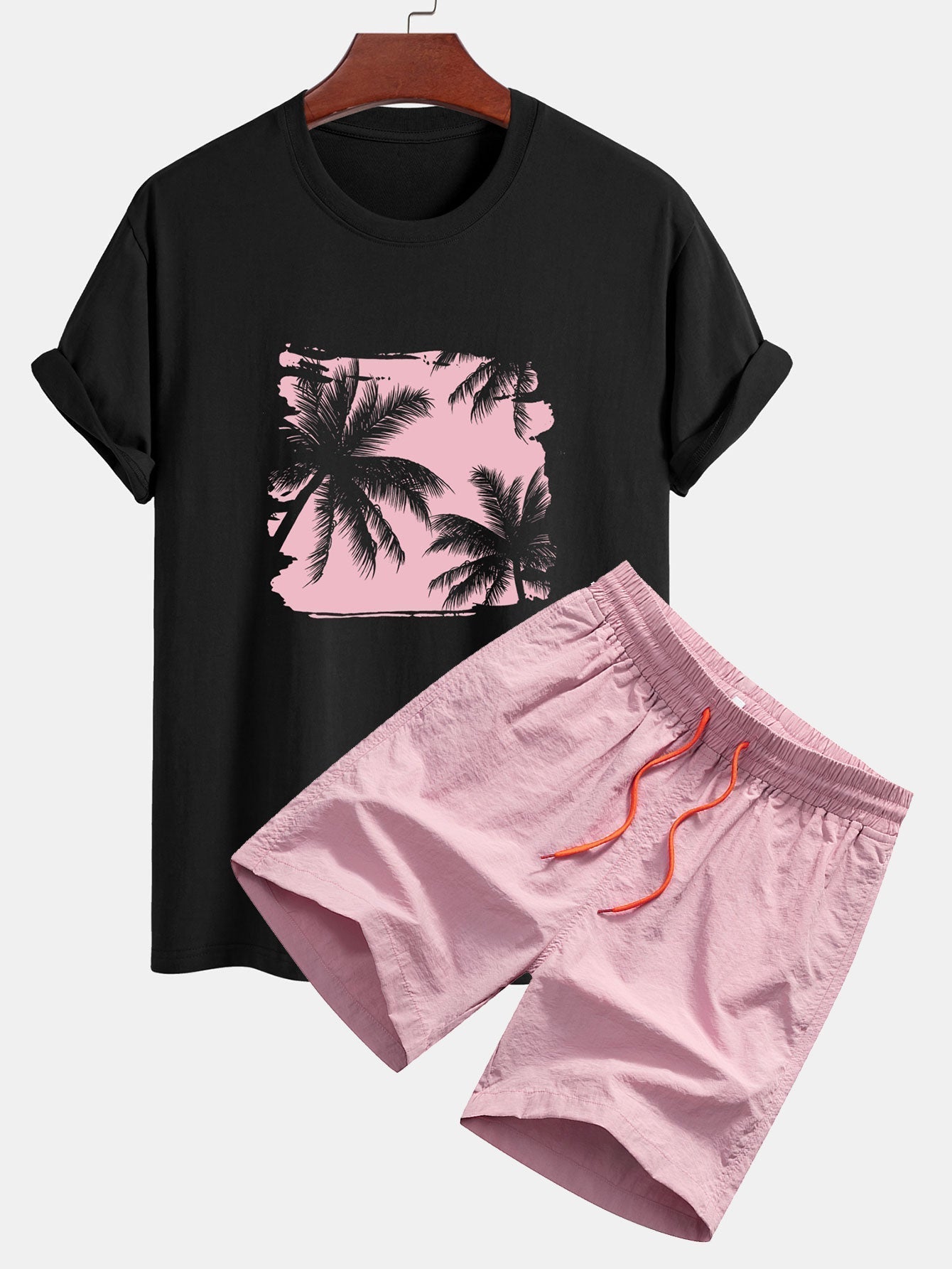 Regular Fit Palm Trees Silhouette Print Cotton T-Shirt & Swim Shorts