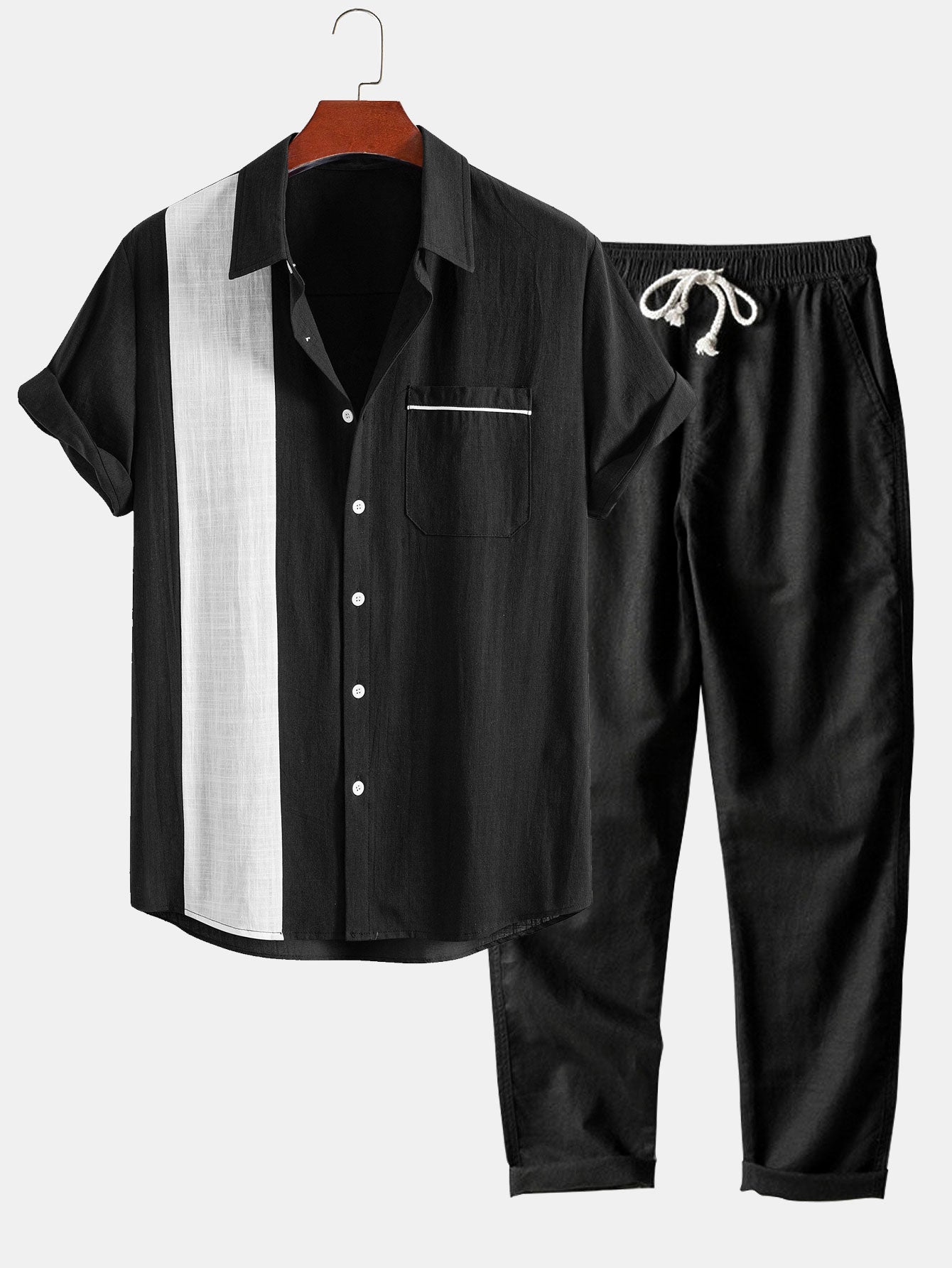 Linen Look Contrast Button Up Shirt & Straight Leg Linen Pants