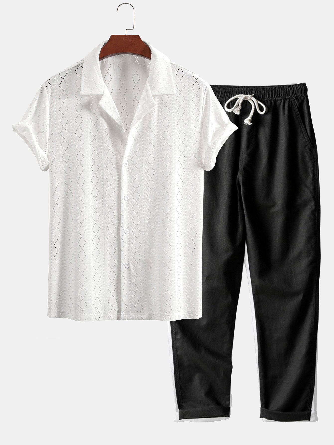 Muscle Fit Diamond Texture Cuban Shirt & Straight Leg Linen Pants