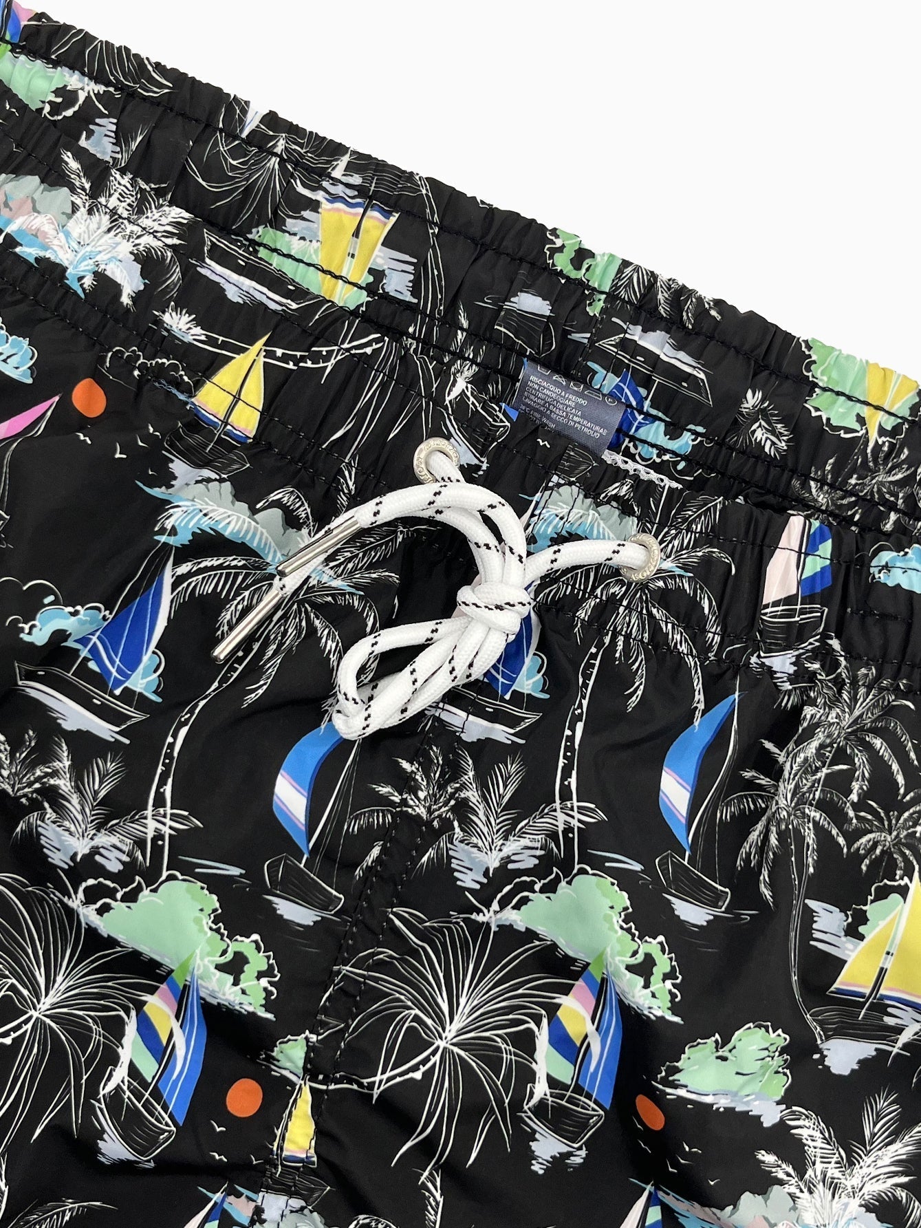 Linen Rayon Blend Button Up Shirt & Palm Tree Sailboat Print Swim Shorts