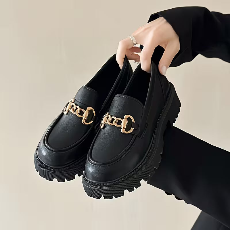 Mocassin Plateforme — Noir / Semelle épaisse / Sans lacets avec talon carré