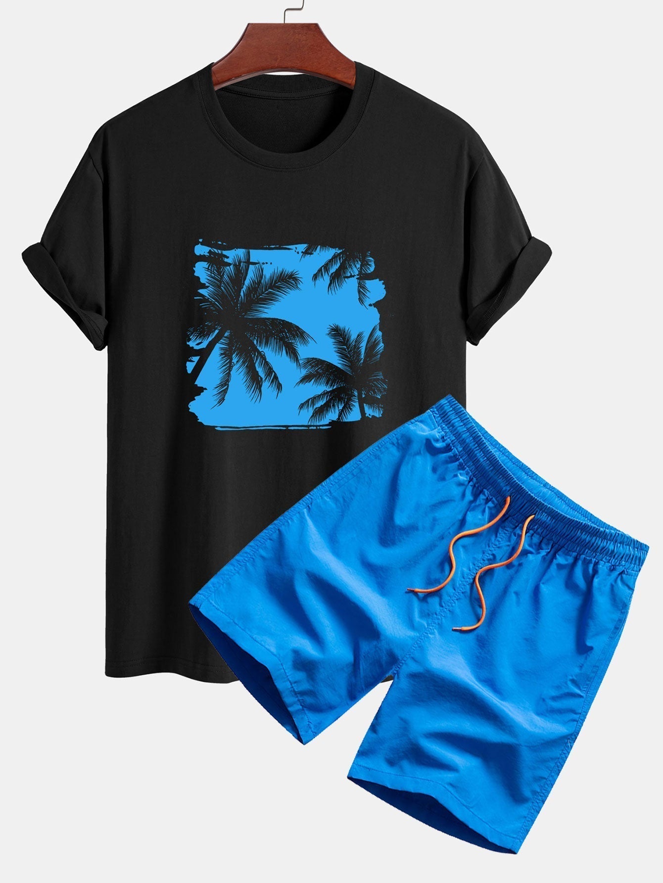 Regular Fit Palm Trees Silhouette Print Cotton T-Shirt & Swim Shorts