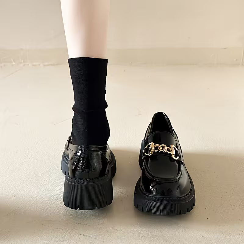 Mocassin Plateforme — Noir / Semelle épaisse / Sans lacets avec talon carré