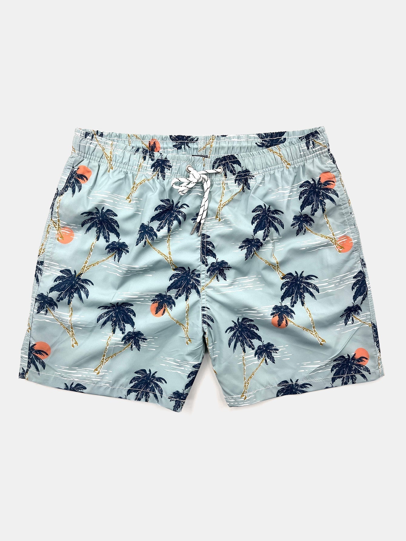 Linen Rayon Blend Button Up Shirt & Palm Tree Sunset Print Swim Shorts