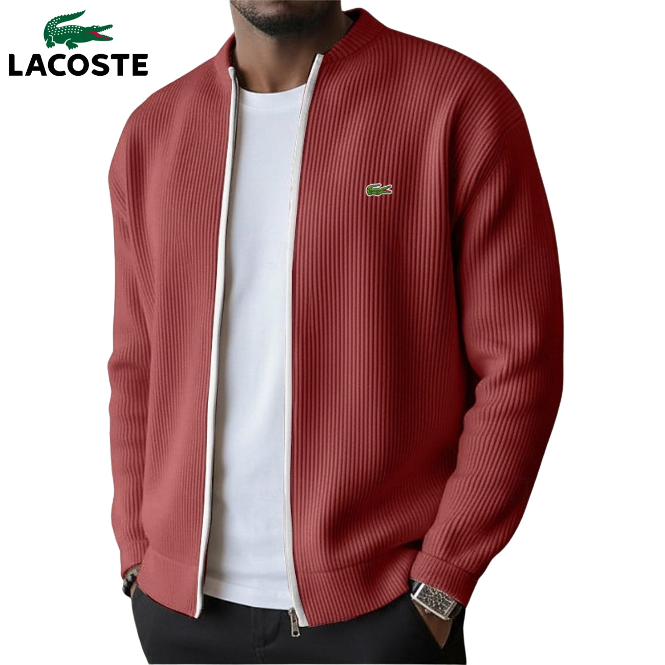 Lacoste — Pull Zippé en Maille Côtelée