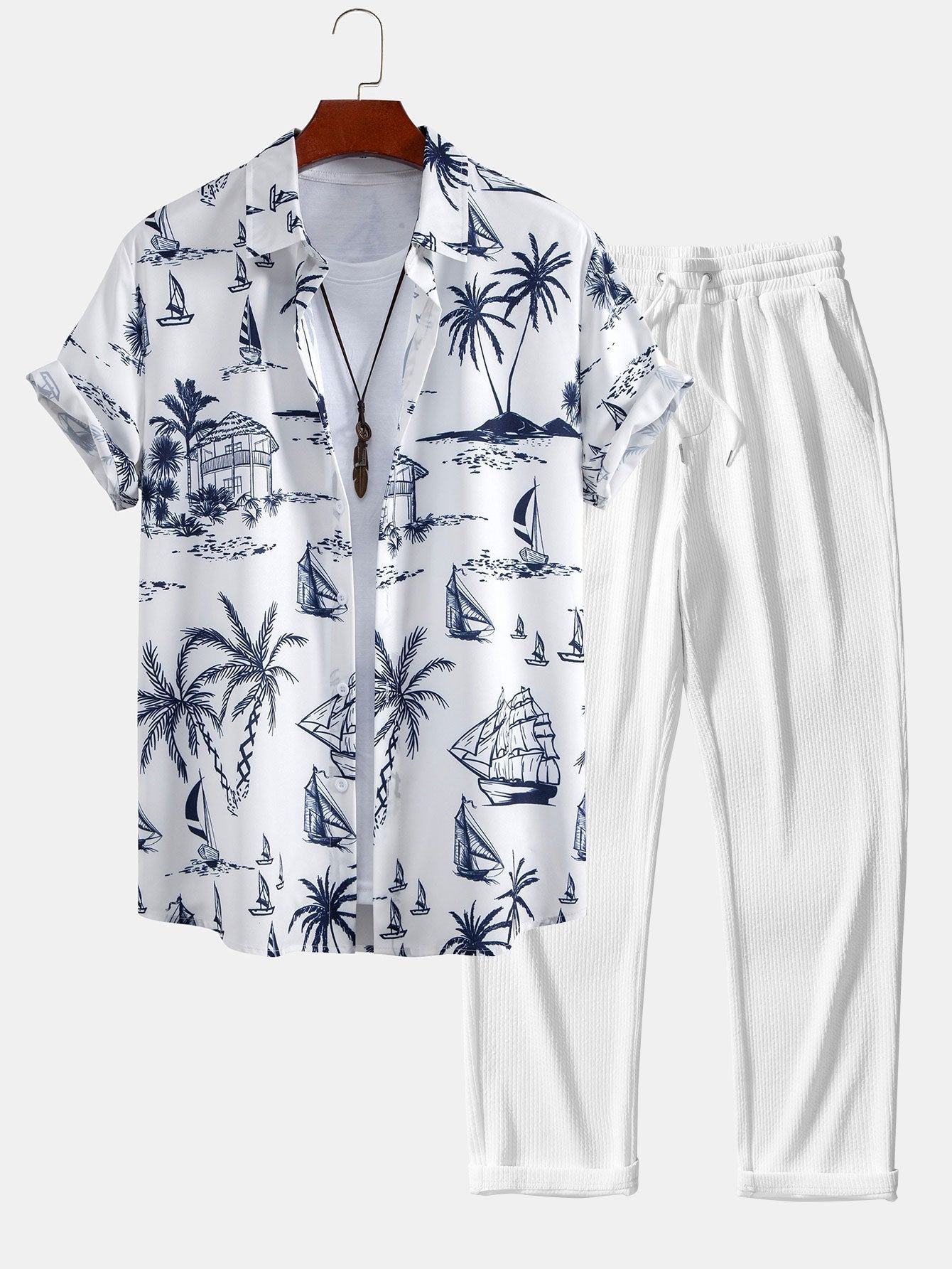 Island Sailing Print Button Up Shirt & Straight Leg Ribbed Pants
