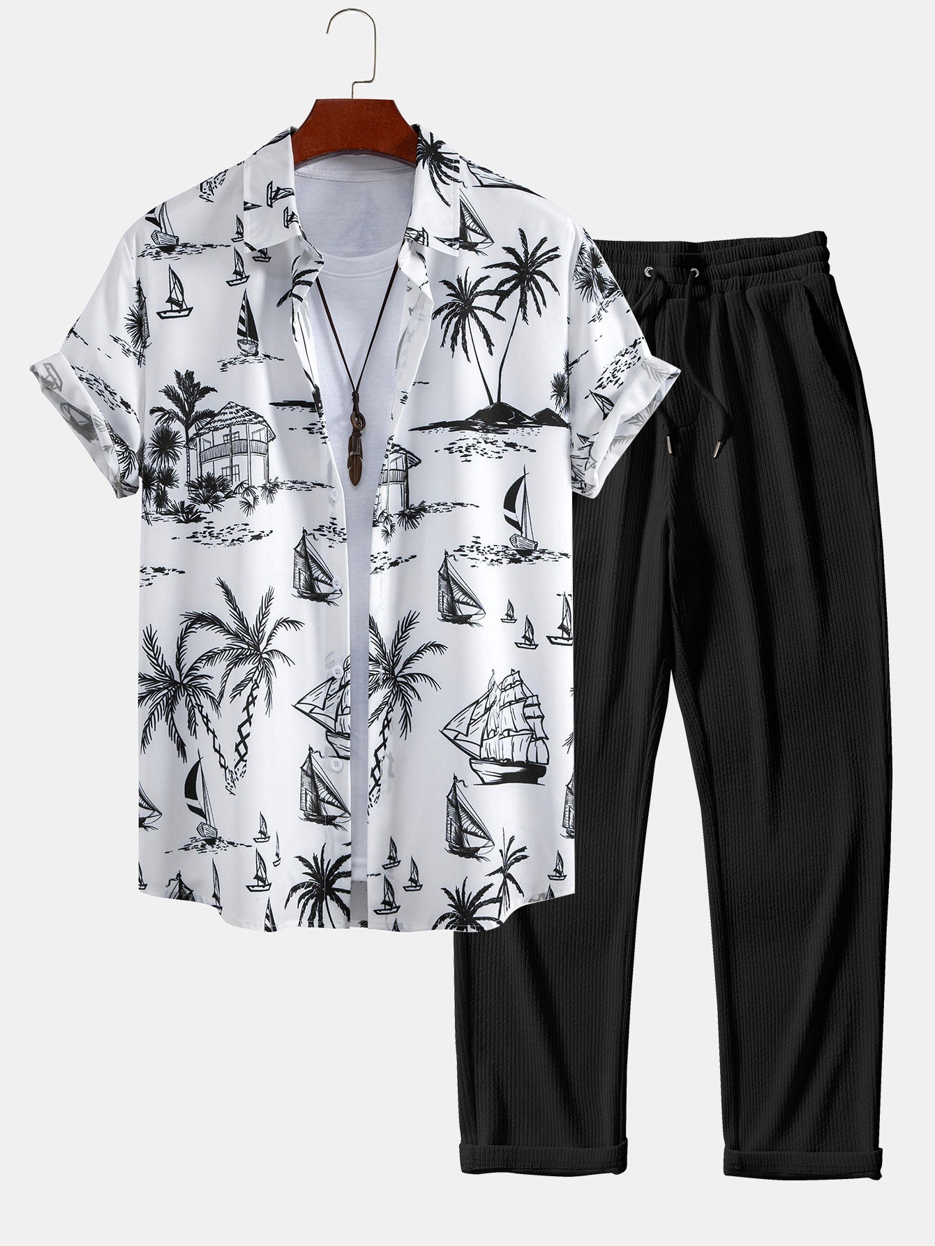 Island Sailing Print Button Up Shirt & Straight Leg Ribbed Pants