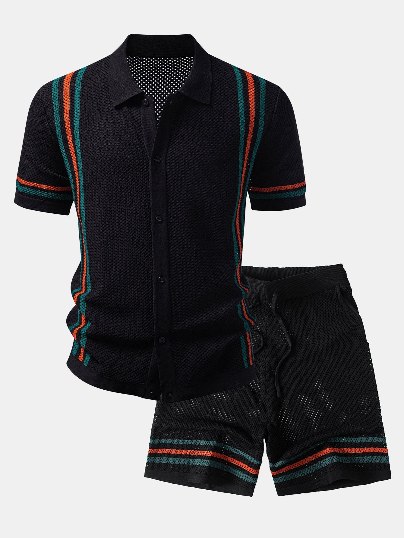 Stripe Button Up Open Kint Shirt & Drawstring Shorts