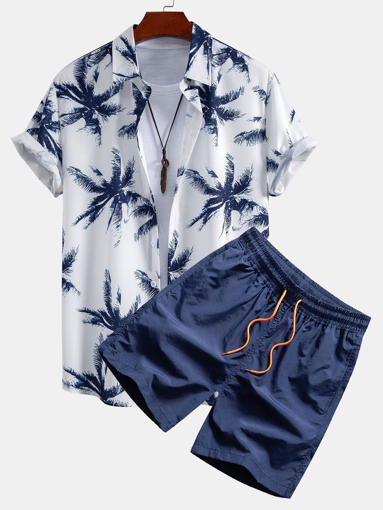 Palm Tree Print Button Up Shirt & Man Mid Length Drawstring Swim Shorts