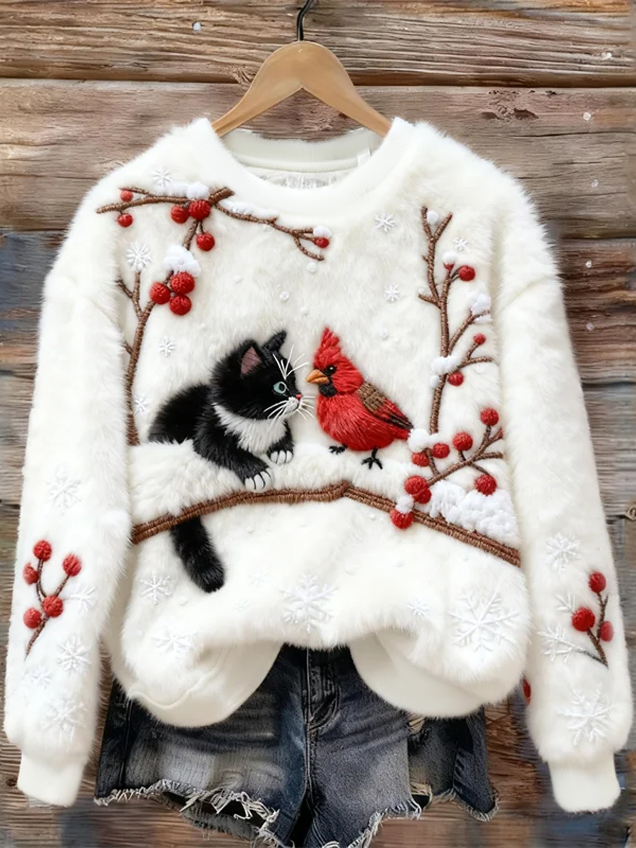 Sweatshirt Flannel Art de Chat Doux de Noël pour Femmes