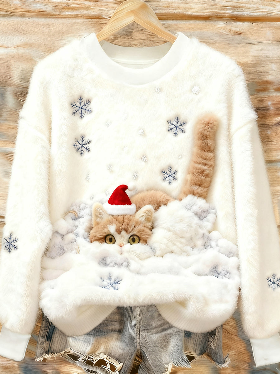 Sweat-shirt en Flanelle Casual avec Impression de Chat de Noël pour Femmes