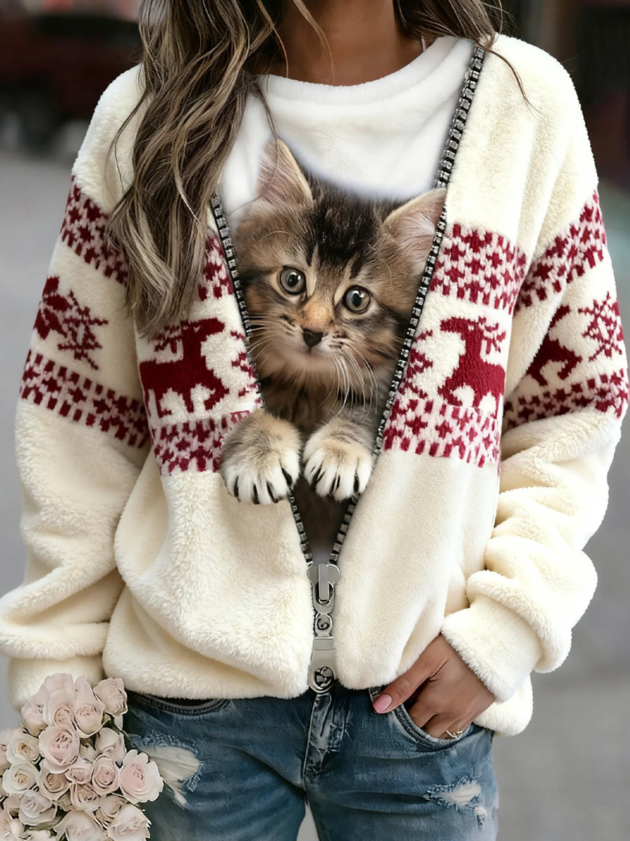 Sweatshirt Flanelle Confortable Art Animalier de Noël Retro pour Femmes