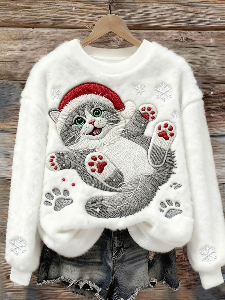 Sweatshirt Flanelle Décontracté Art de Chat de Noël pour Femmes