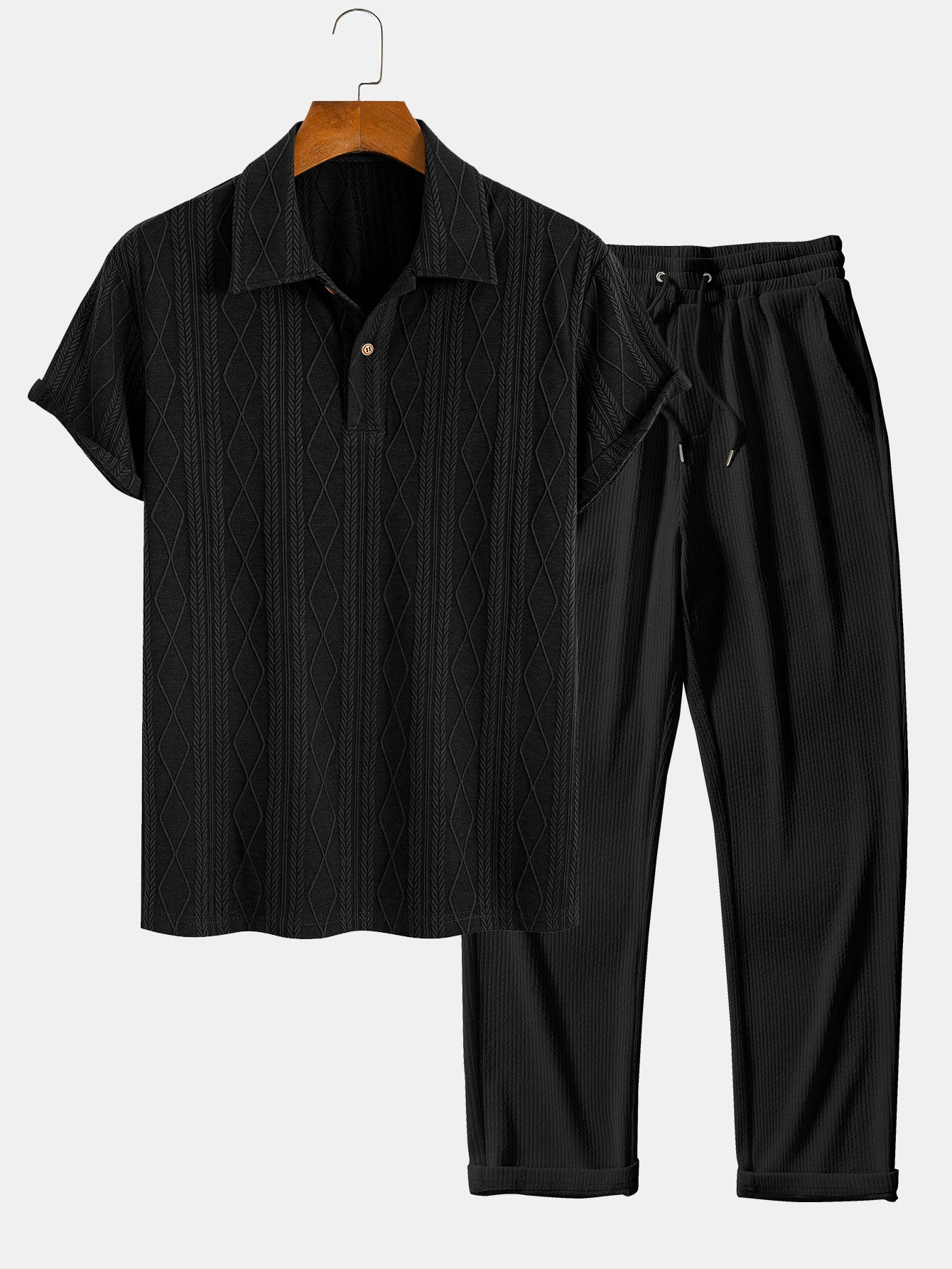Knitted Geometric Rhombus Jacquard Polo & Straight Leg Ribbed Pants