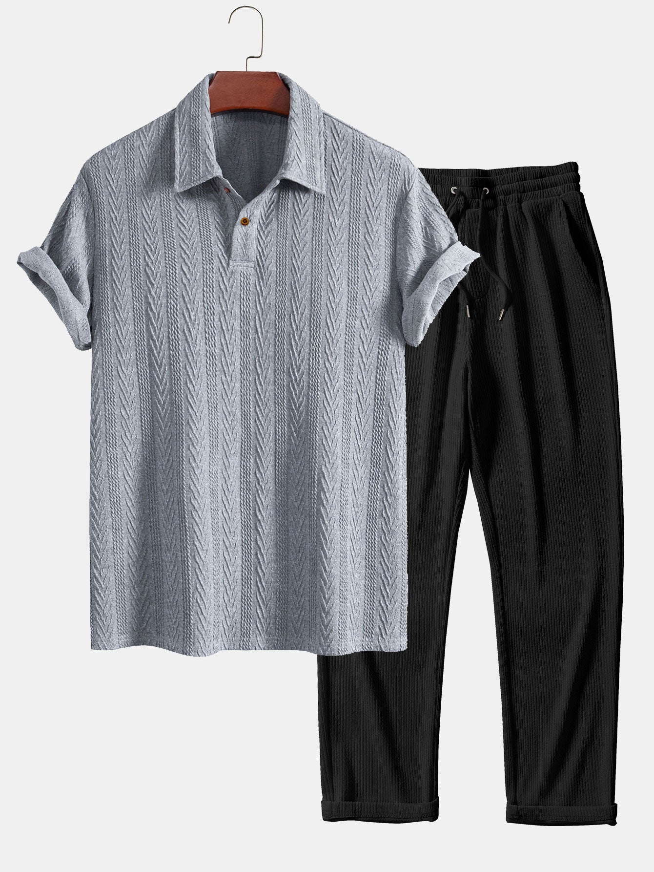 Short Sleeve Jacquard Polo & Straight Leg Ribbed Pants