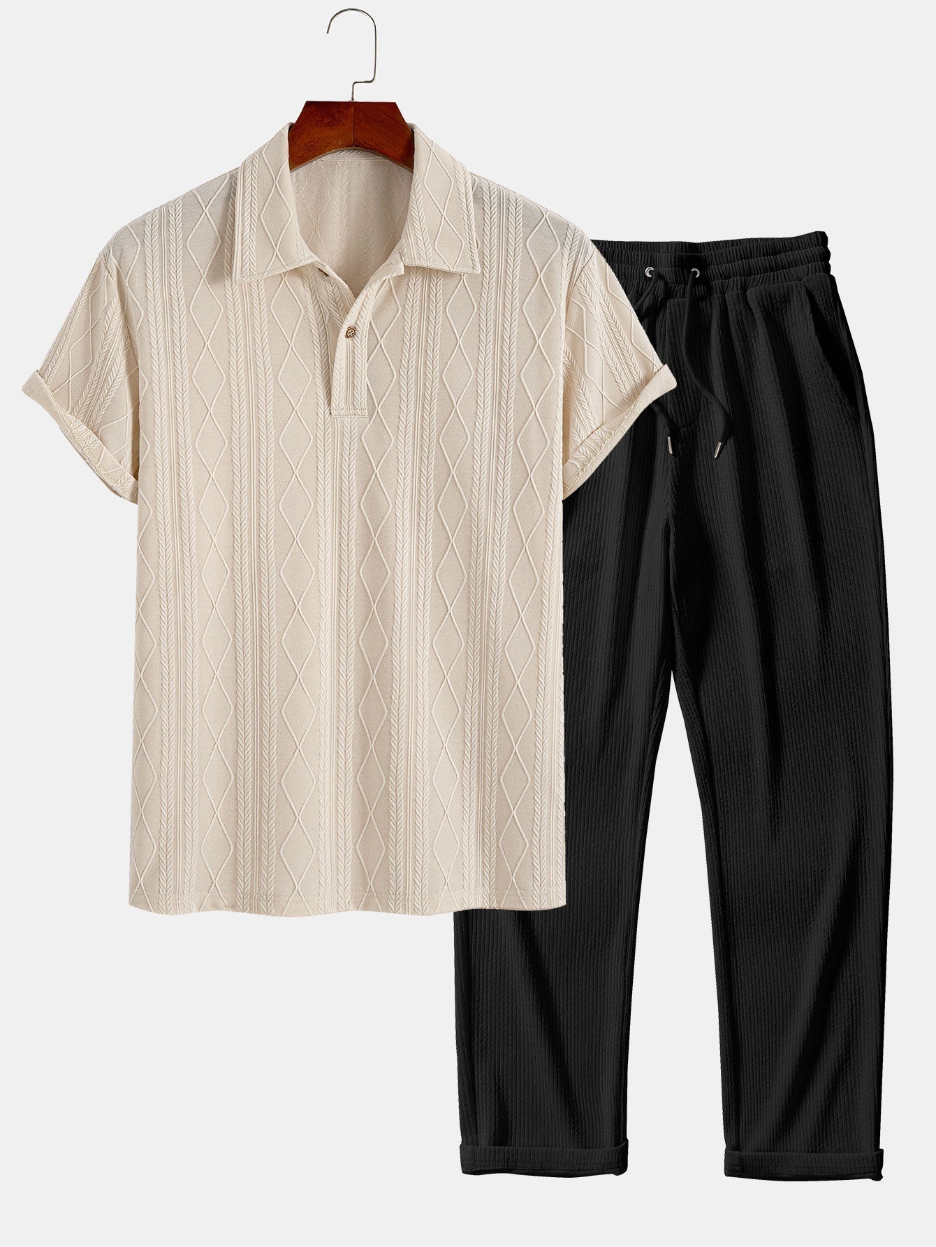 Knitted Geometric Rhombus Jacquard Polo & Straight Leg Ribbed Pants