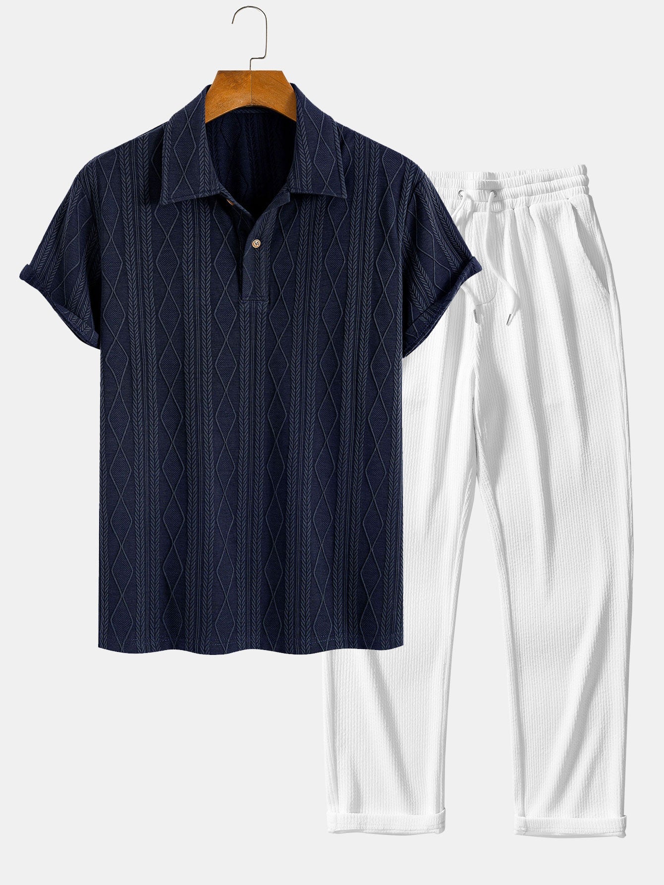 Knitted Geometric Rhombus Jacquard Polo & Straight Leg Ribbed Pants