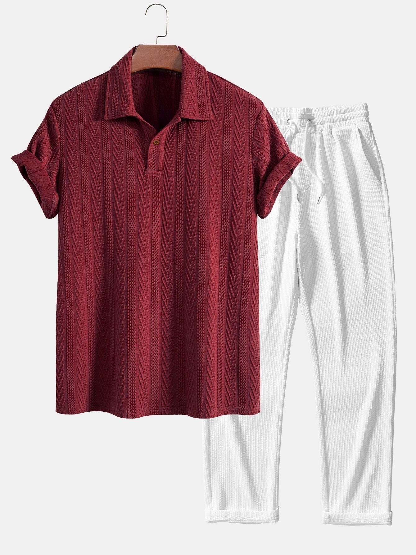 Short Sleeve Jacquard Polo & Straight Leg Ribbed Pants