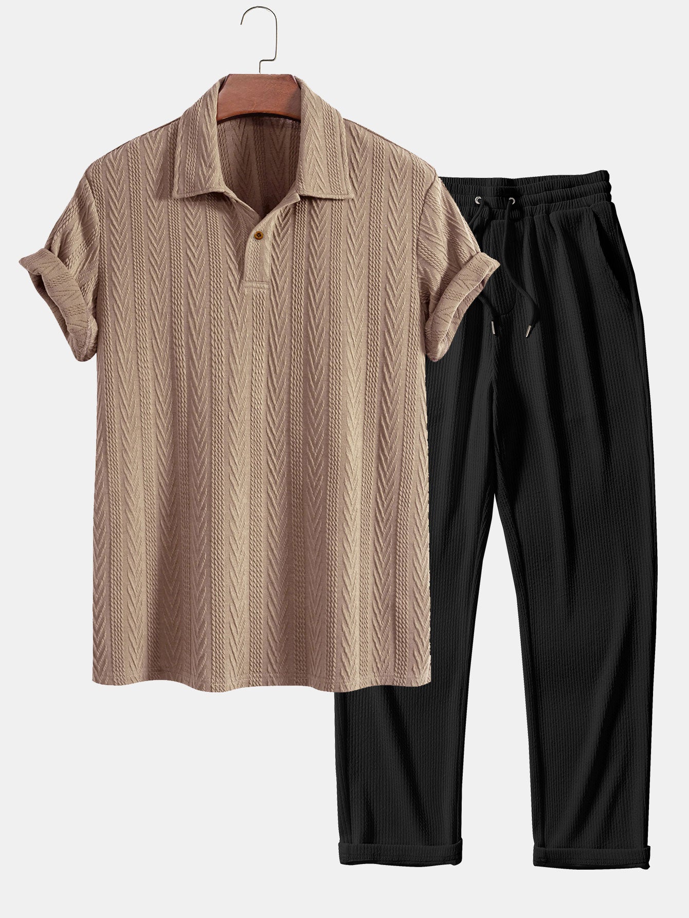 Short Sleeve Jacquard Polo & Straight Leg Ribbed Pants