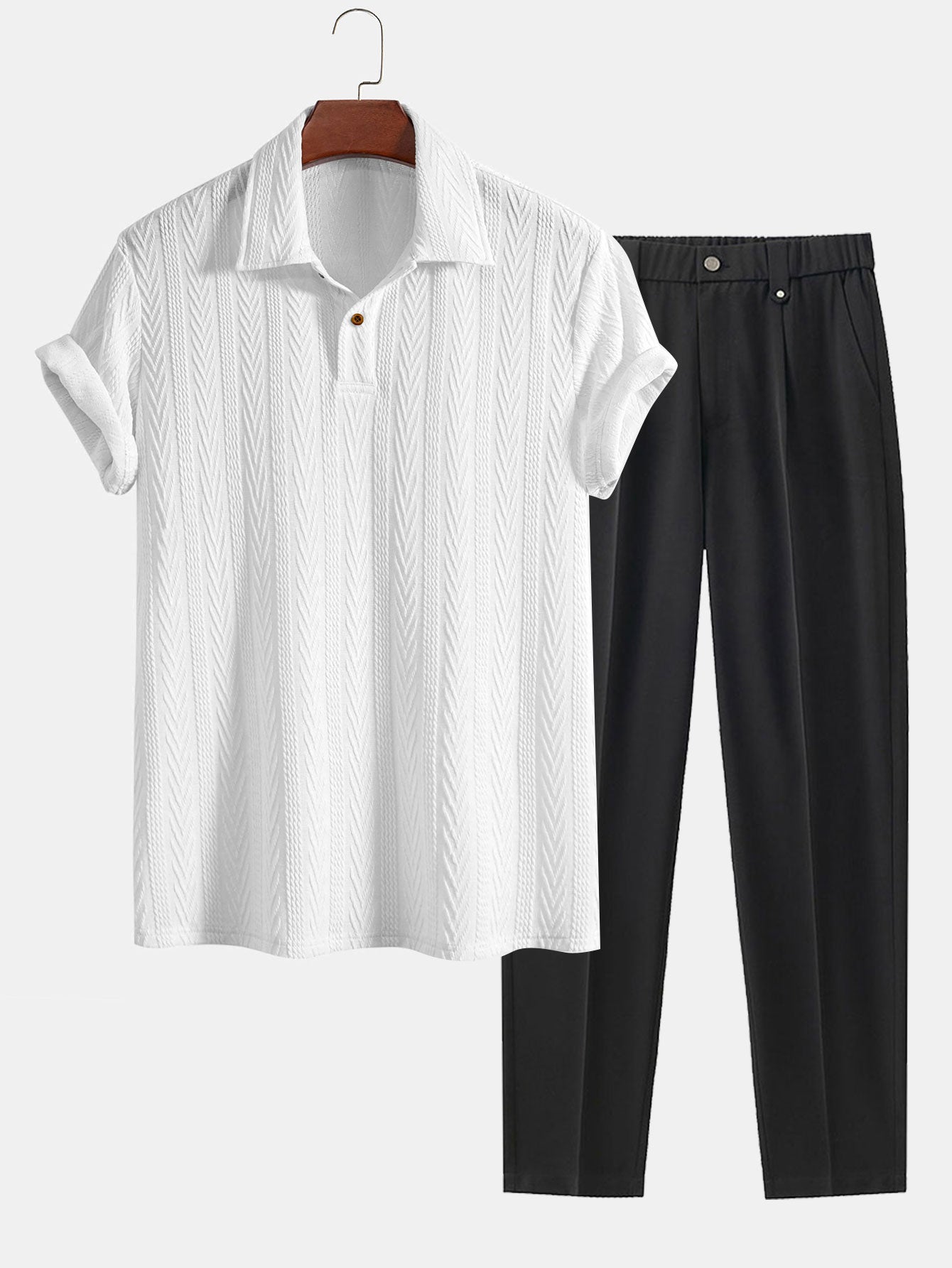 Short Sleeve Jacquard Polo & Slim Fit Cropped Tapered Pants