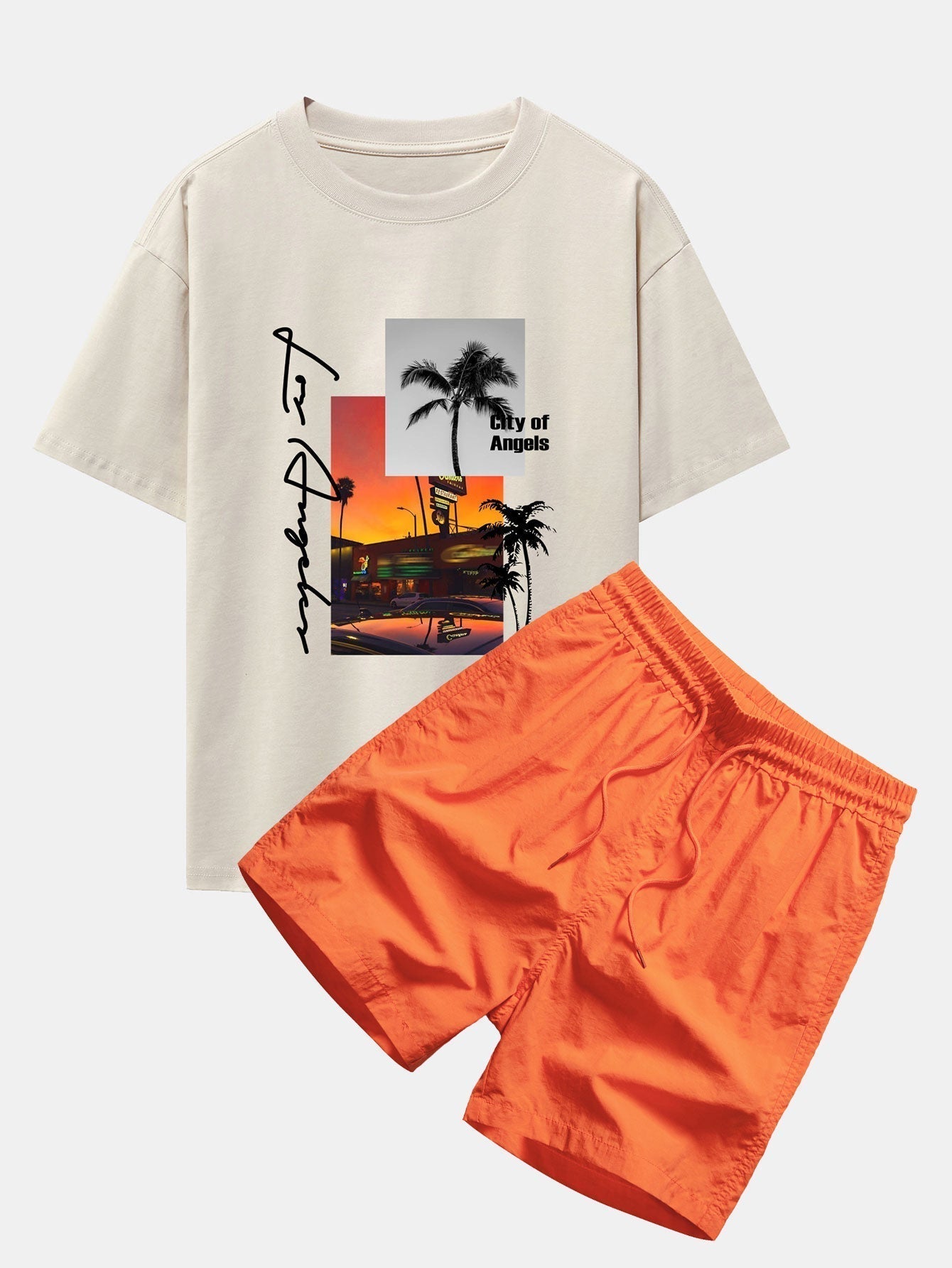 Los Angeles Scenery Print Drop Shoulder Oversize T-Shirt & Swim Shorts