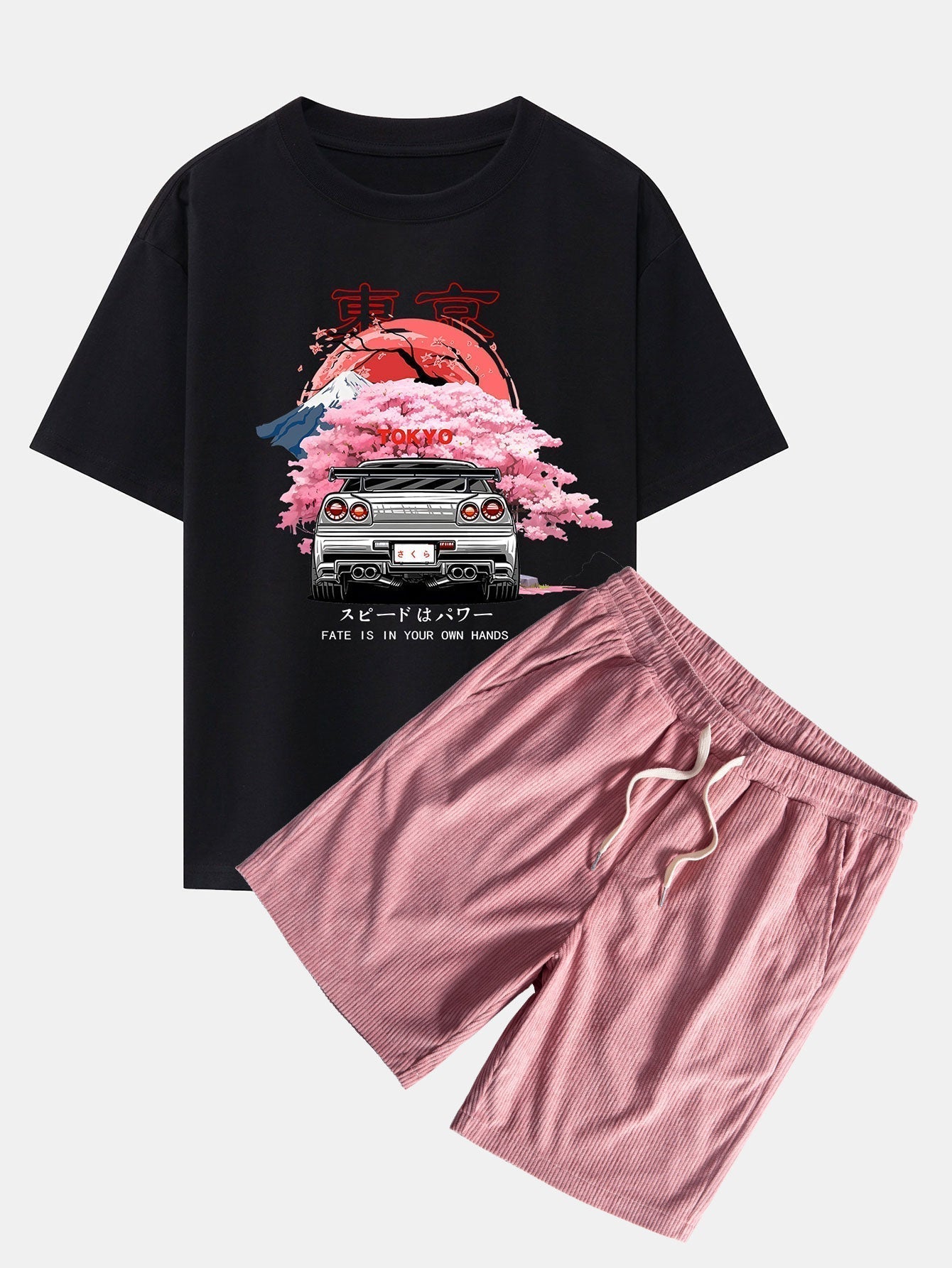 Tokyo Cherry Blossoms Car Print Drop Shoulder Oversize T-Shirt & Corduroy Drawstring Shorts