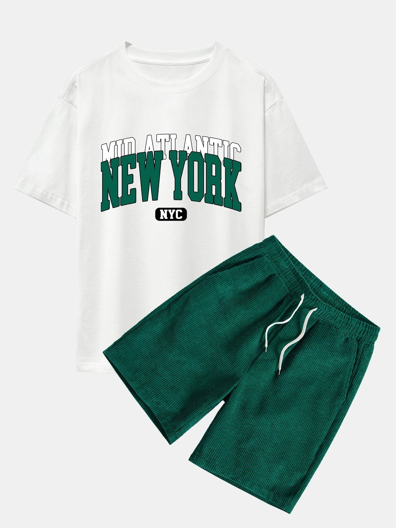 New York Print Drop Shoulder Oversize T-Shirt & Drawstring Corduroy Shorts