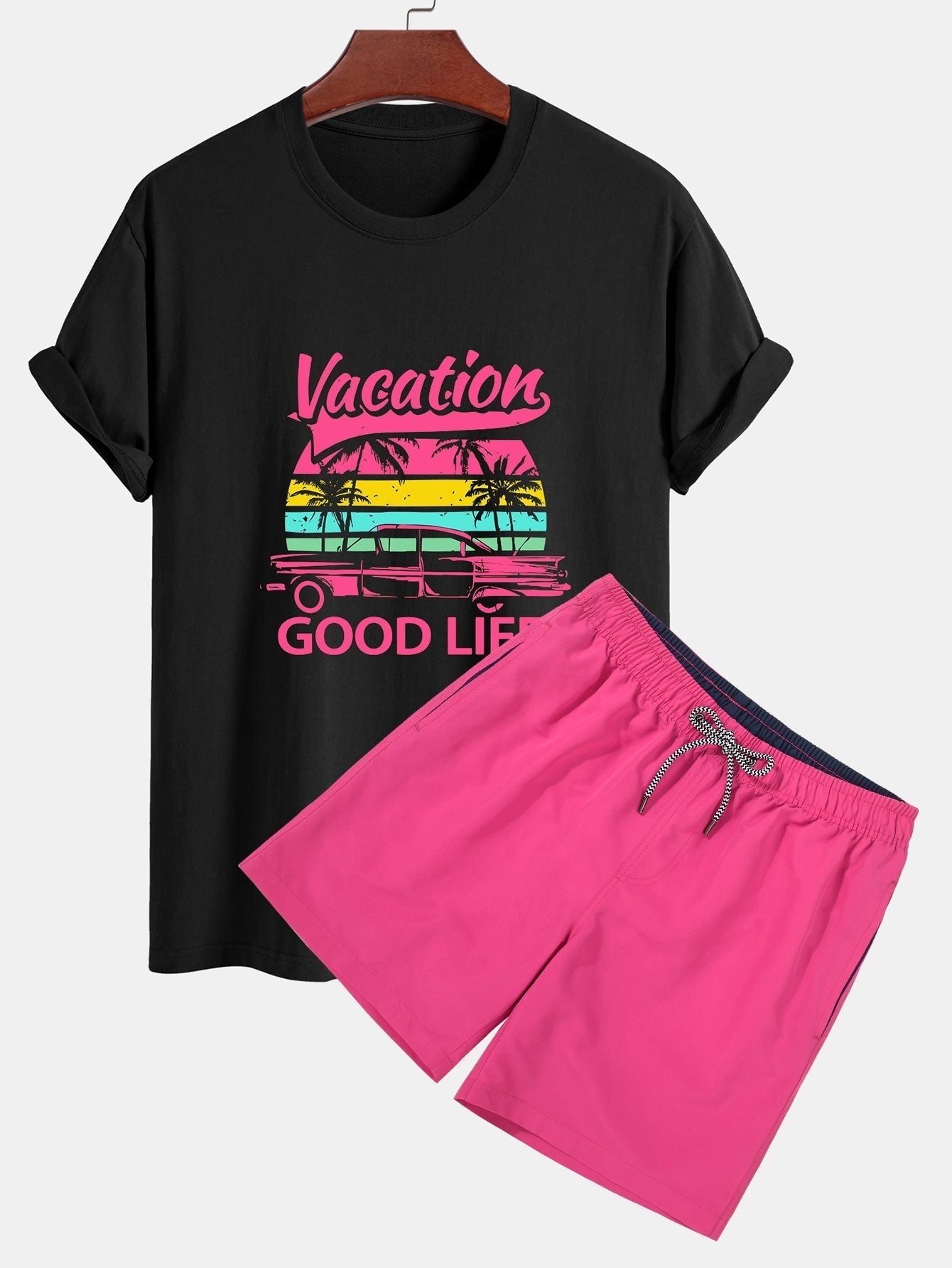 Regular Fit Good Life On Vacation Print Cotton T-Shirt & Contrast Waistband Swim Shorts