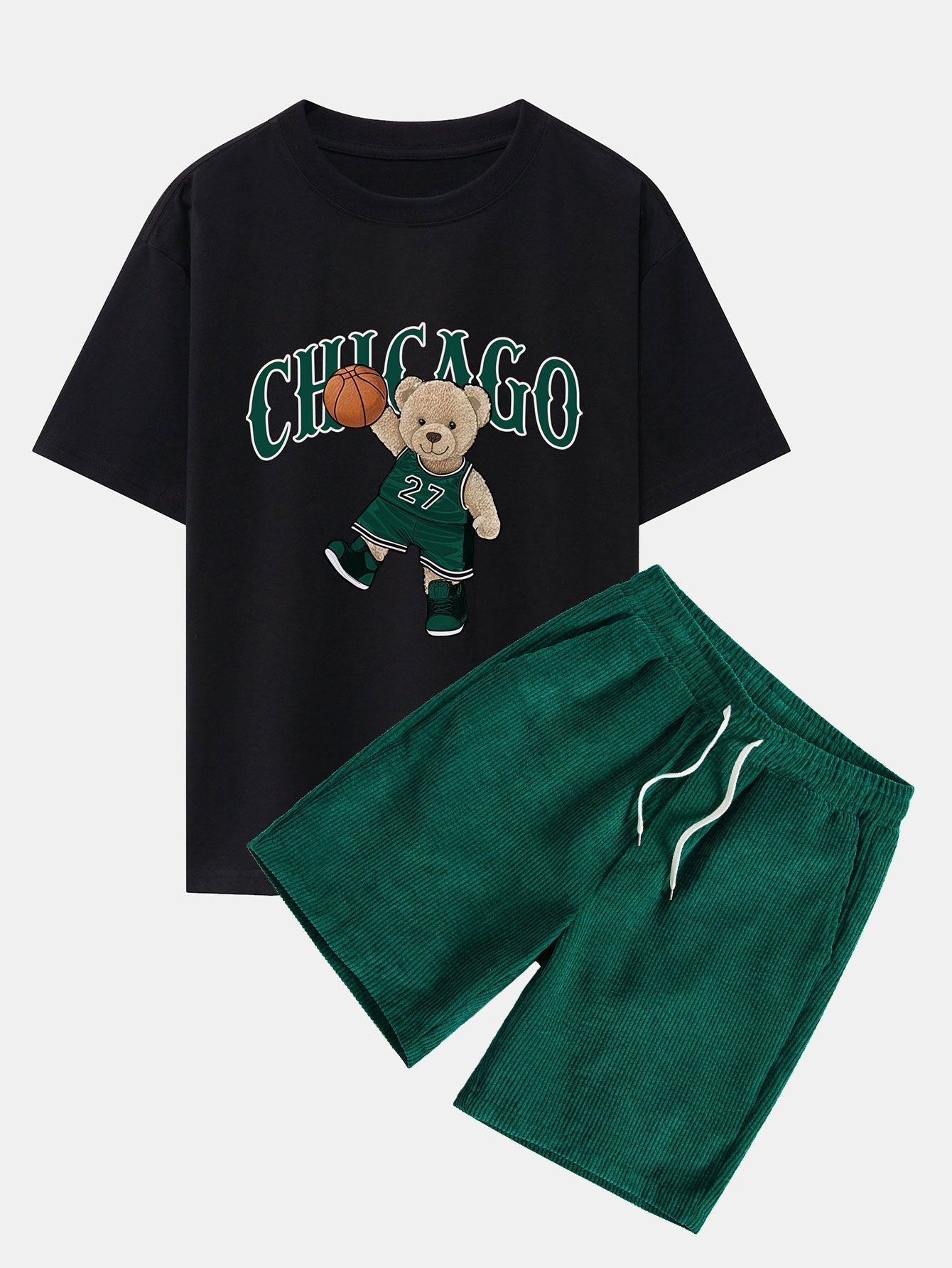 Chicago Basketball Bear Print Drop Shoulder Oversize T-Shirt & Drawstring Corduroy Shorts