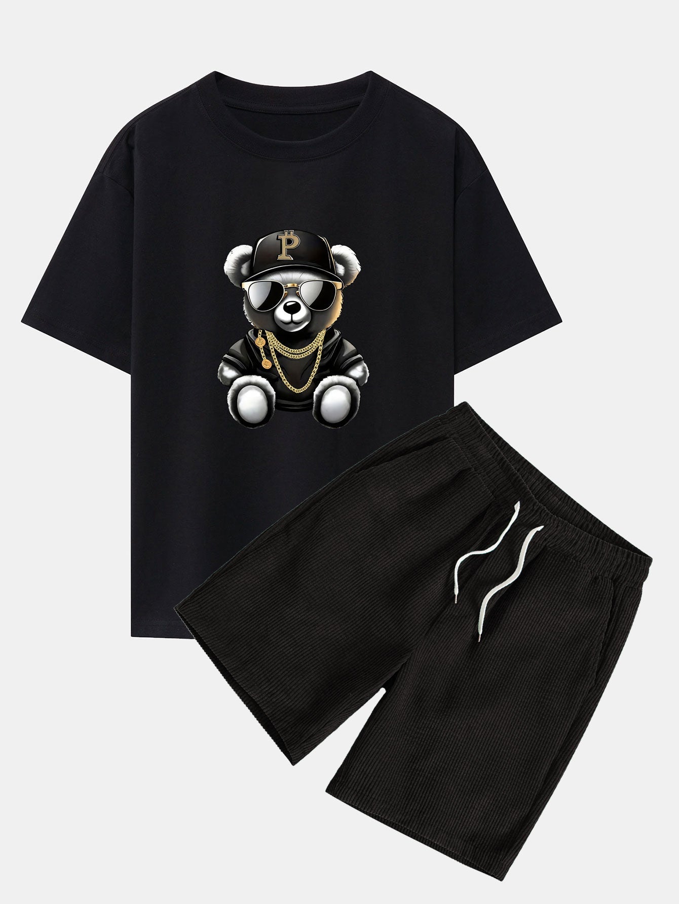 Hip Hop Bear Print Drop Shoulder Oversize T-Shirt & Drawstring Corduroy Shorts