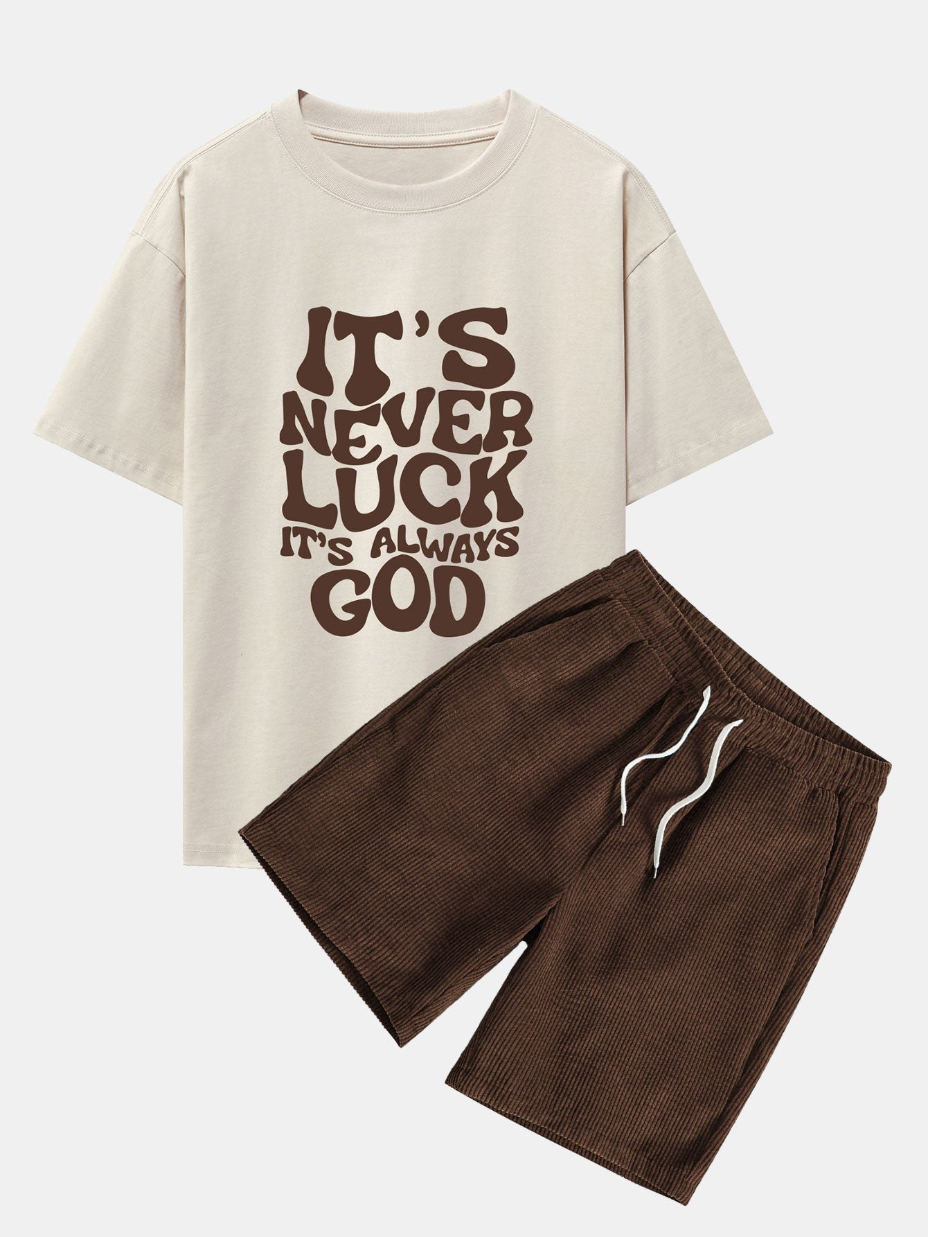 God Slogan Print Drop Shoulder Oversize T-Shirt  & Drawstring Corduroy Shorts