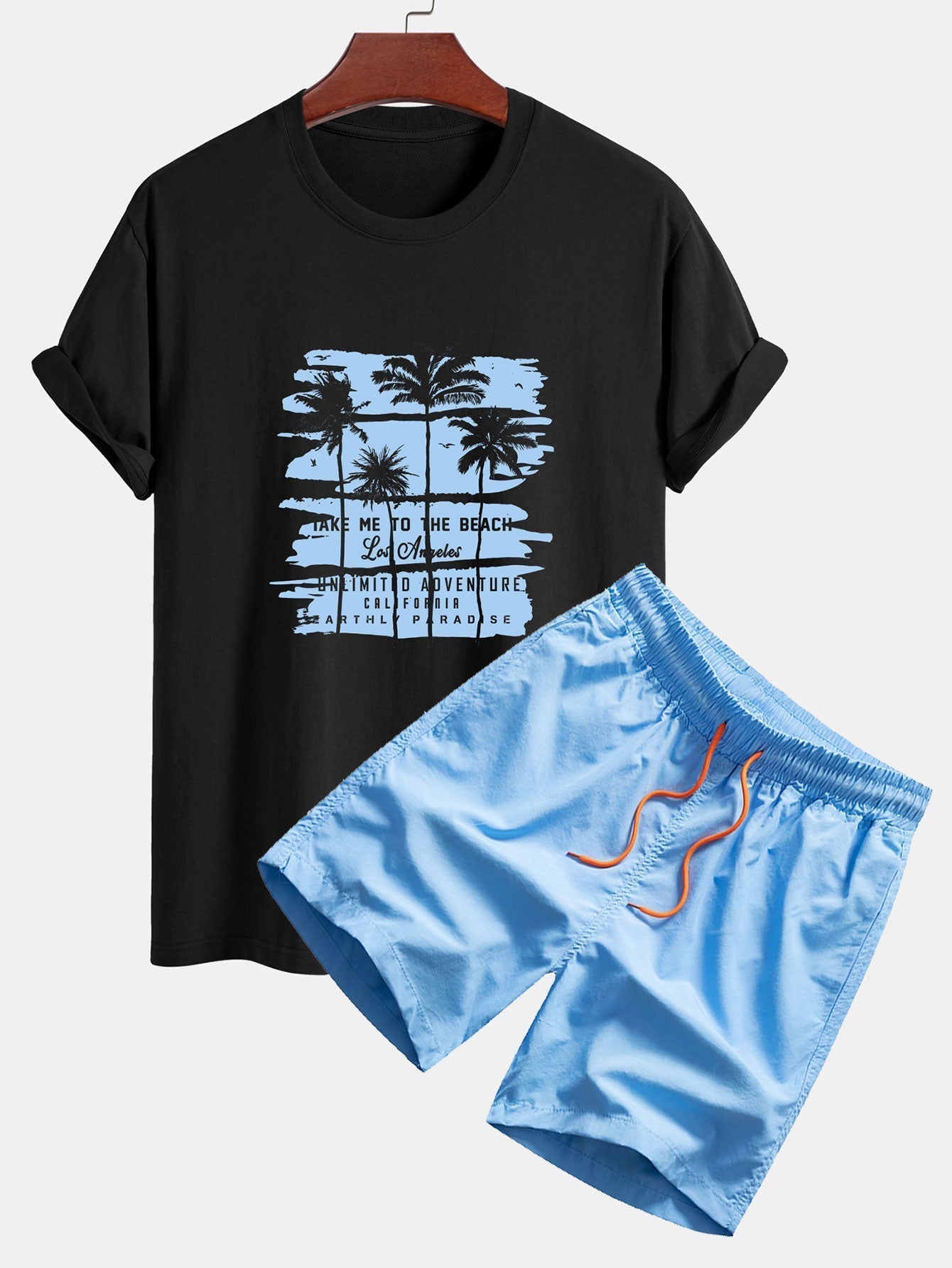 Palm Tree Silhouette Print Cotton T-Shirt & Man Mid Length Drawstring Swim Shorts