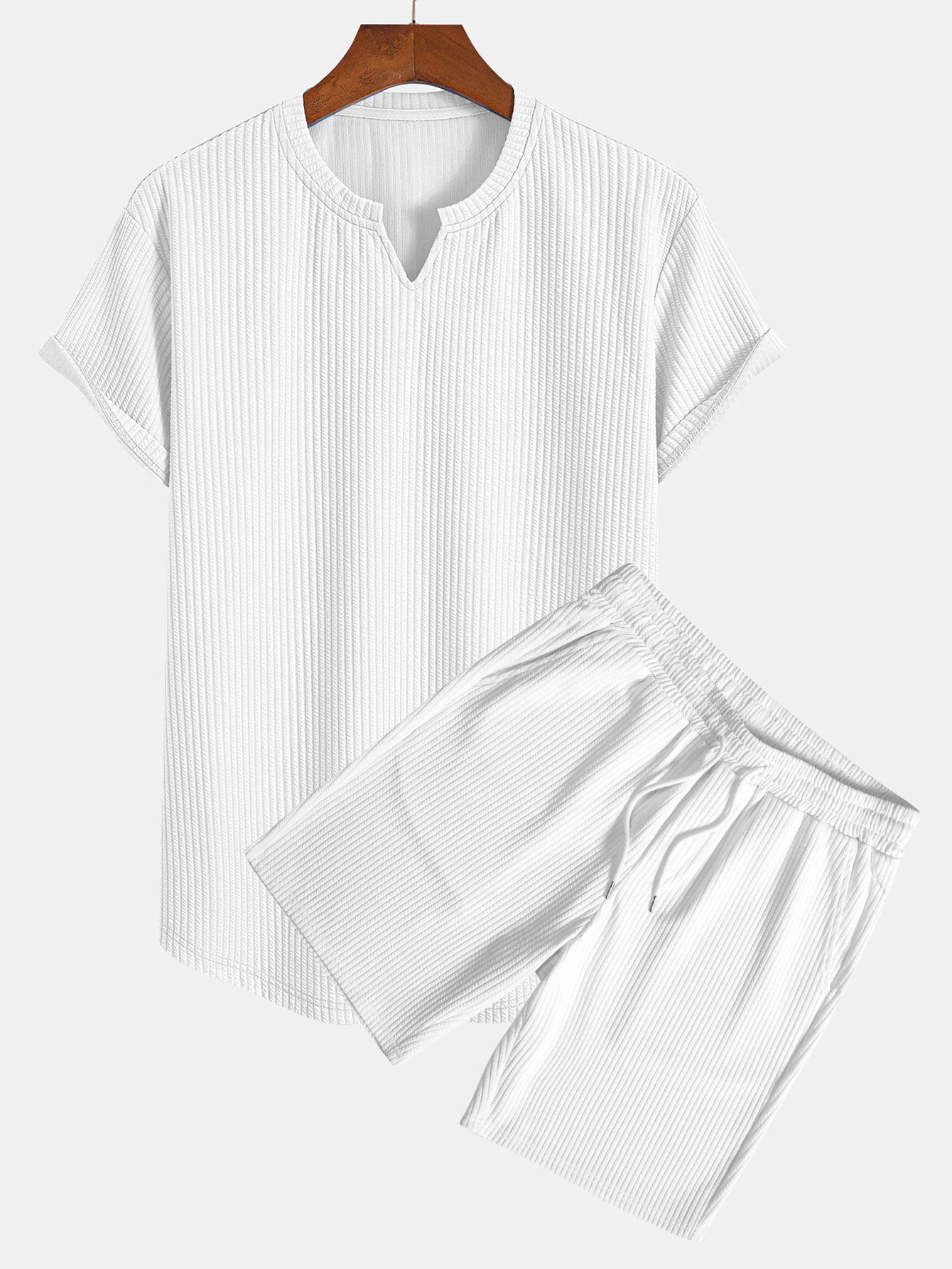 Muscle Fit Notch Ribbed Arc Hem T-Shirt & Drawstring Ribbed Shorts