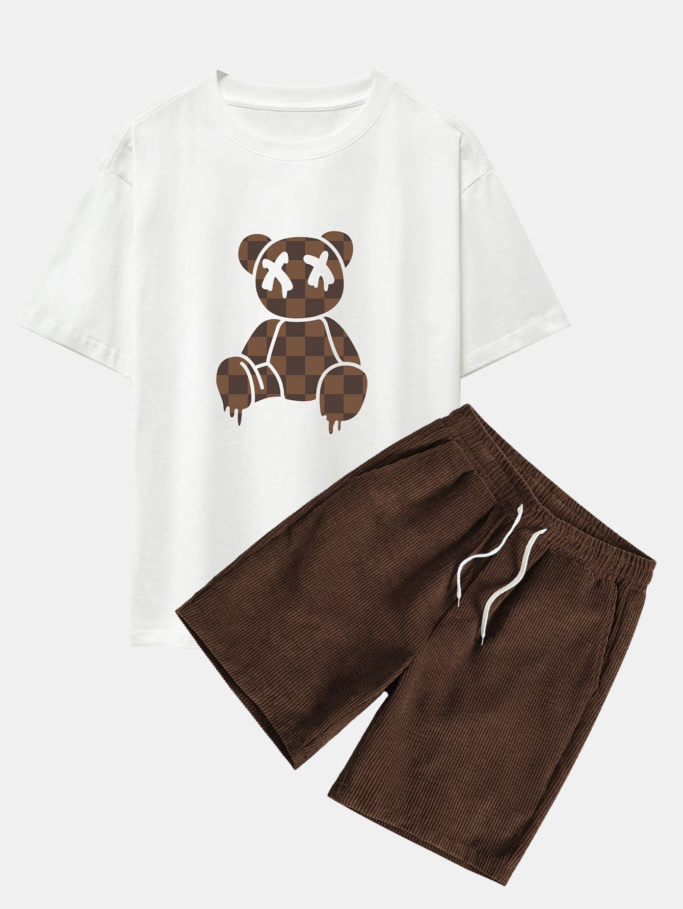 Checkerboard Dissolving Bear Drop Shoulder Oversize T-Shirt & Corduroy Shorts