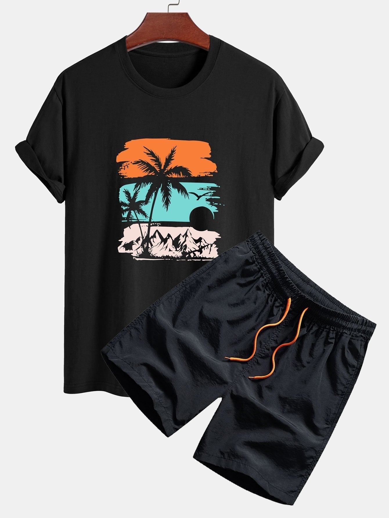 Regular Fit Palm Tree Silhouette Print Cotton T-Shirt & Swim Shorts