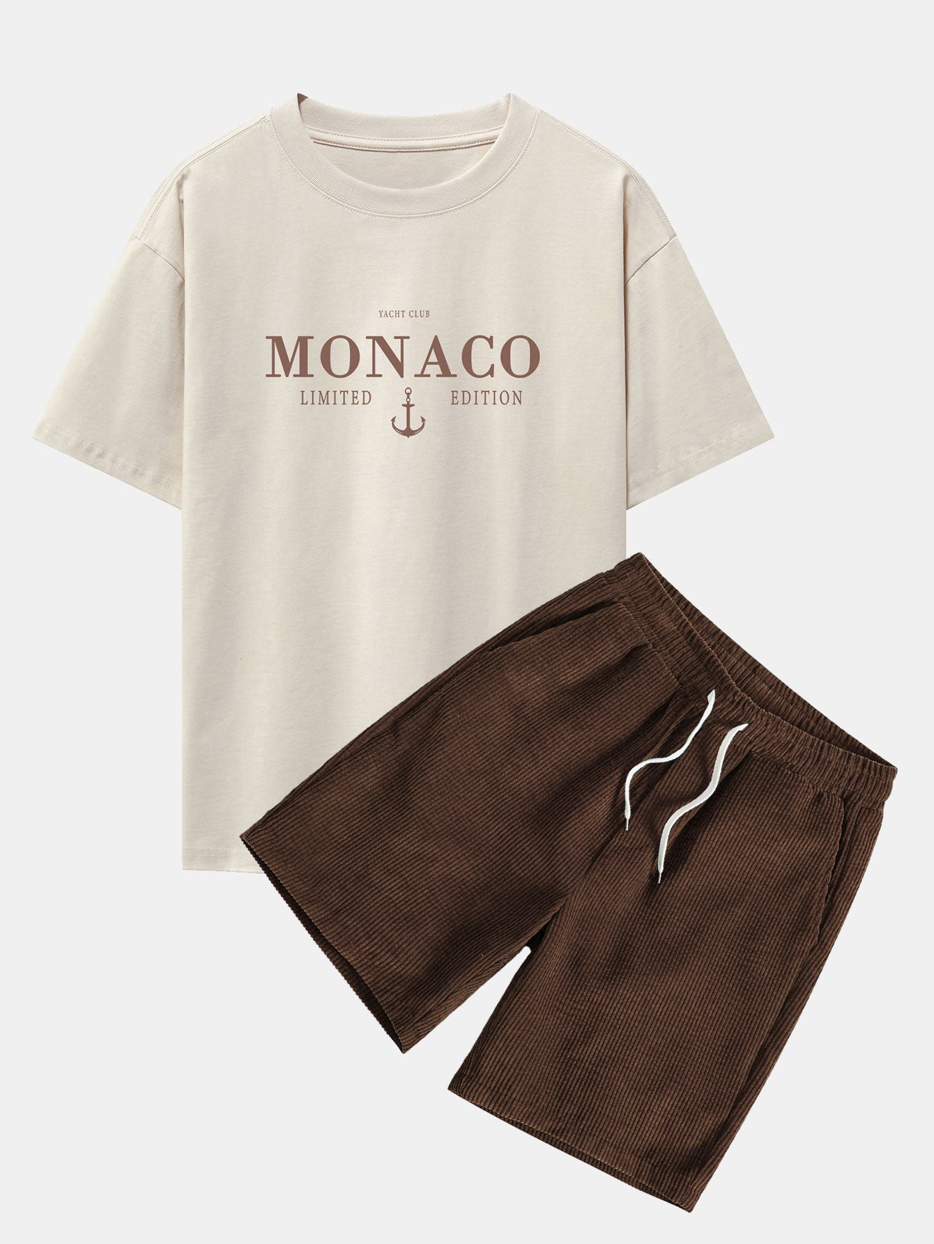 Monaco Slogan Print Drop Shoulder Oversize T-Shirt & Drawstring Corduroy Shorts