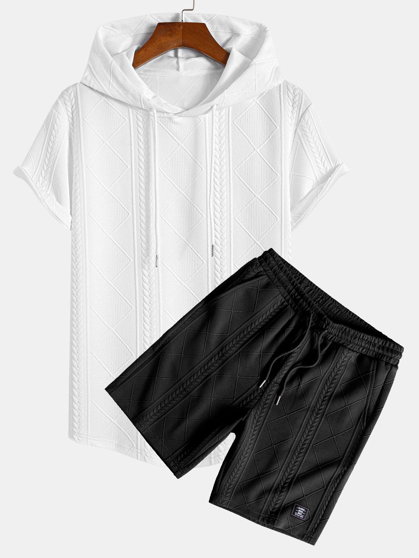 Geometry Jacquard Hooded Arc Hem T-Shirt & Geometric Jacquard Drawstring Shorts