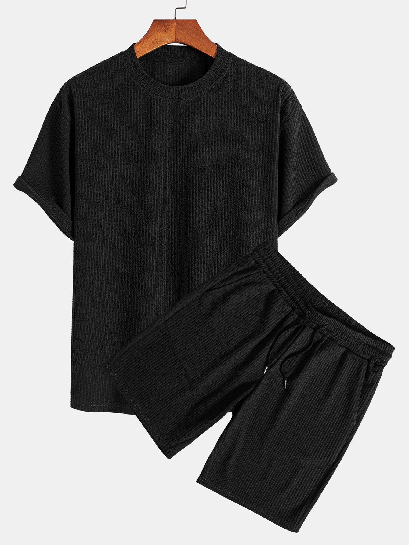Relax Fit Ribbed T-Shirt & Drawstring Ribbed Shorts