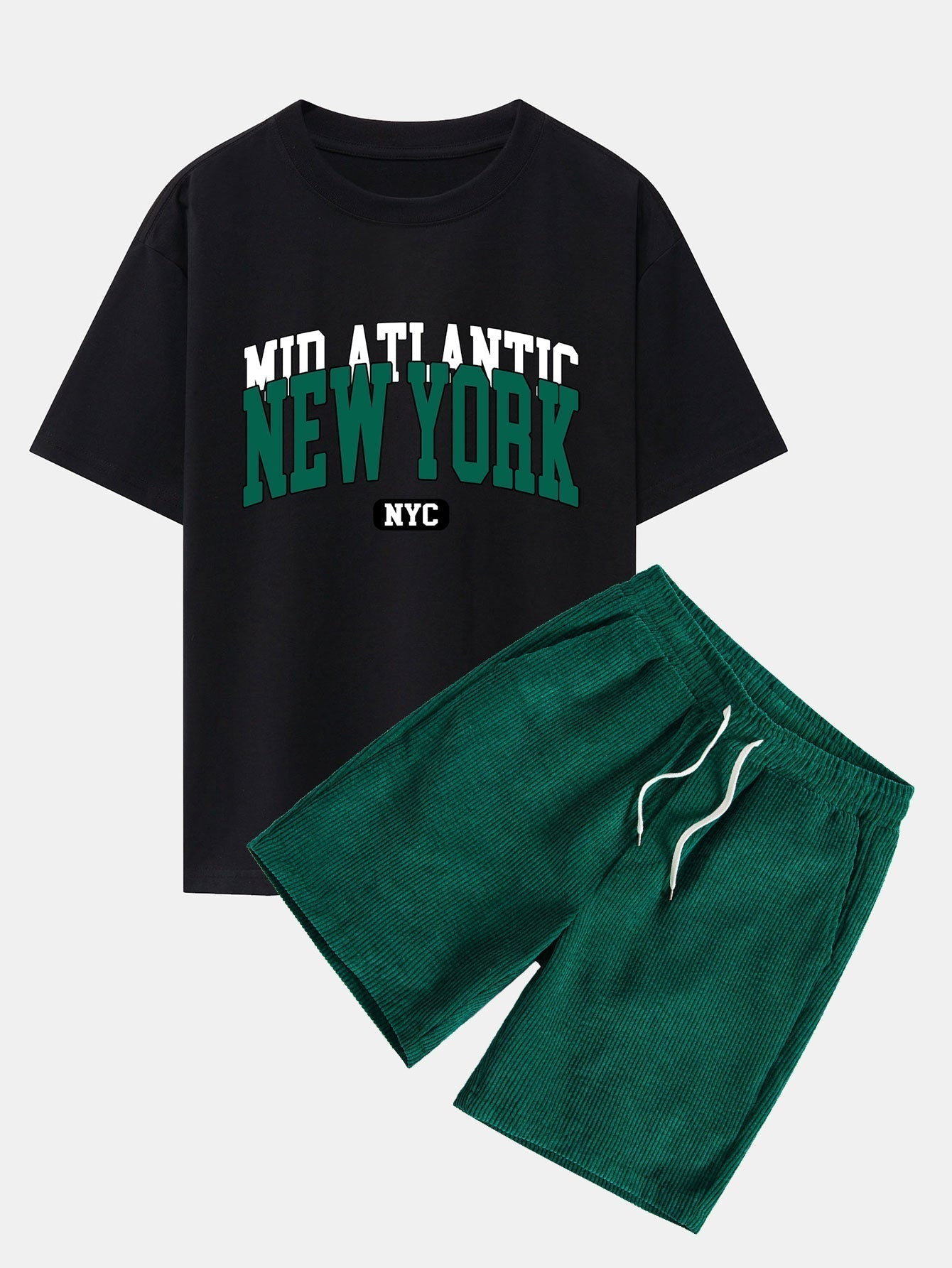 New York Print Drop Shoulder Oversize T-Shirt & Drawstring Corduroy Shorts
