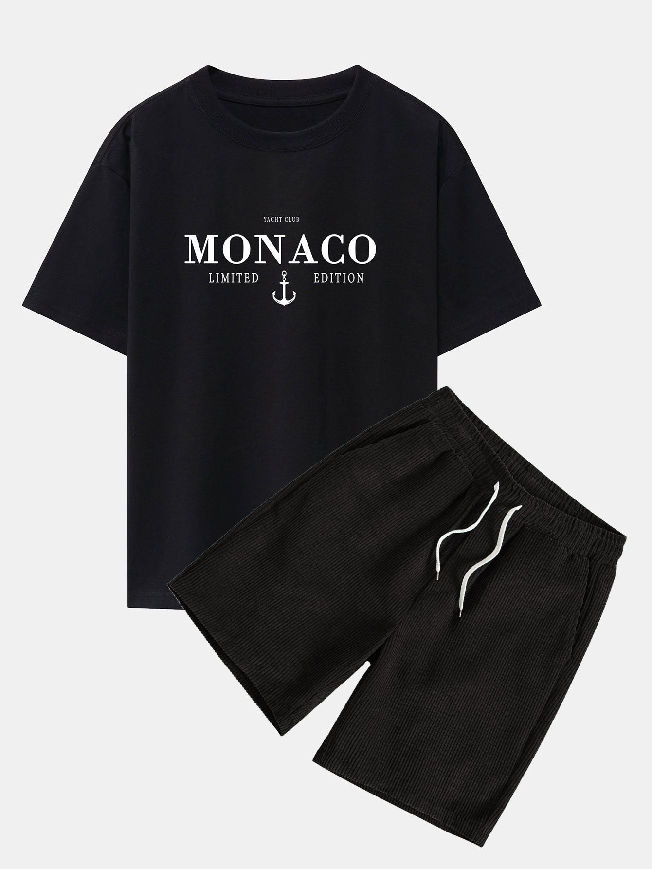 Monaco Slogan Print Drop Shoulder Oversize T-Shirt & Drawstring Corduroy Shorts