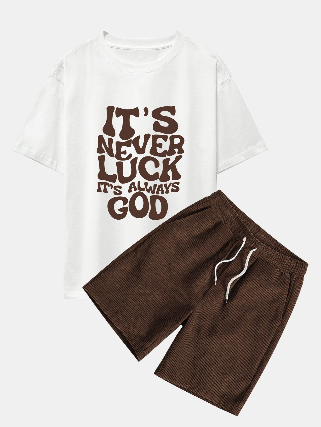 God Slogan Print Drop Shoulder Oversize T-Shirt  & Drawstring Corduroy Shorts