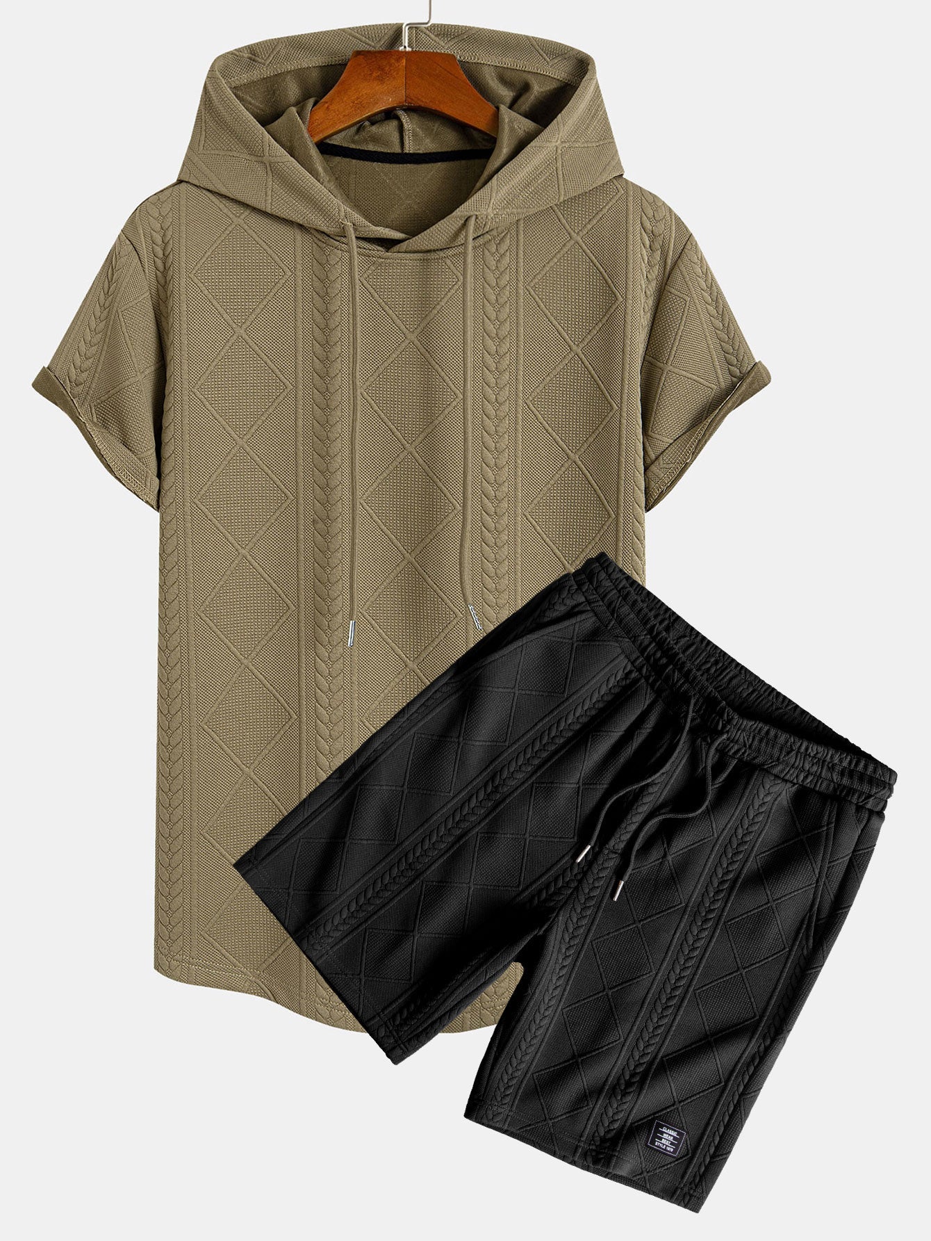 Geometry Jacquard Hooded Arc Hem T-Shirt & Geometric Jacquard Drawstring Shorts
