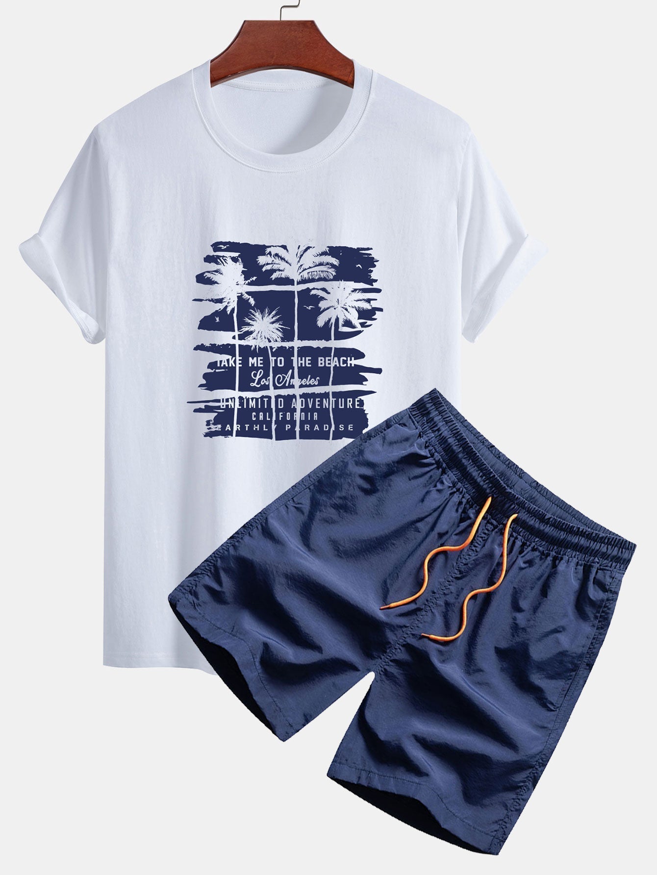 Palm Tree Silhouette Print Cotton T-Shirt & Man Mid Length Drawstring Swim Shorts