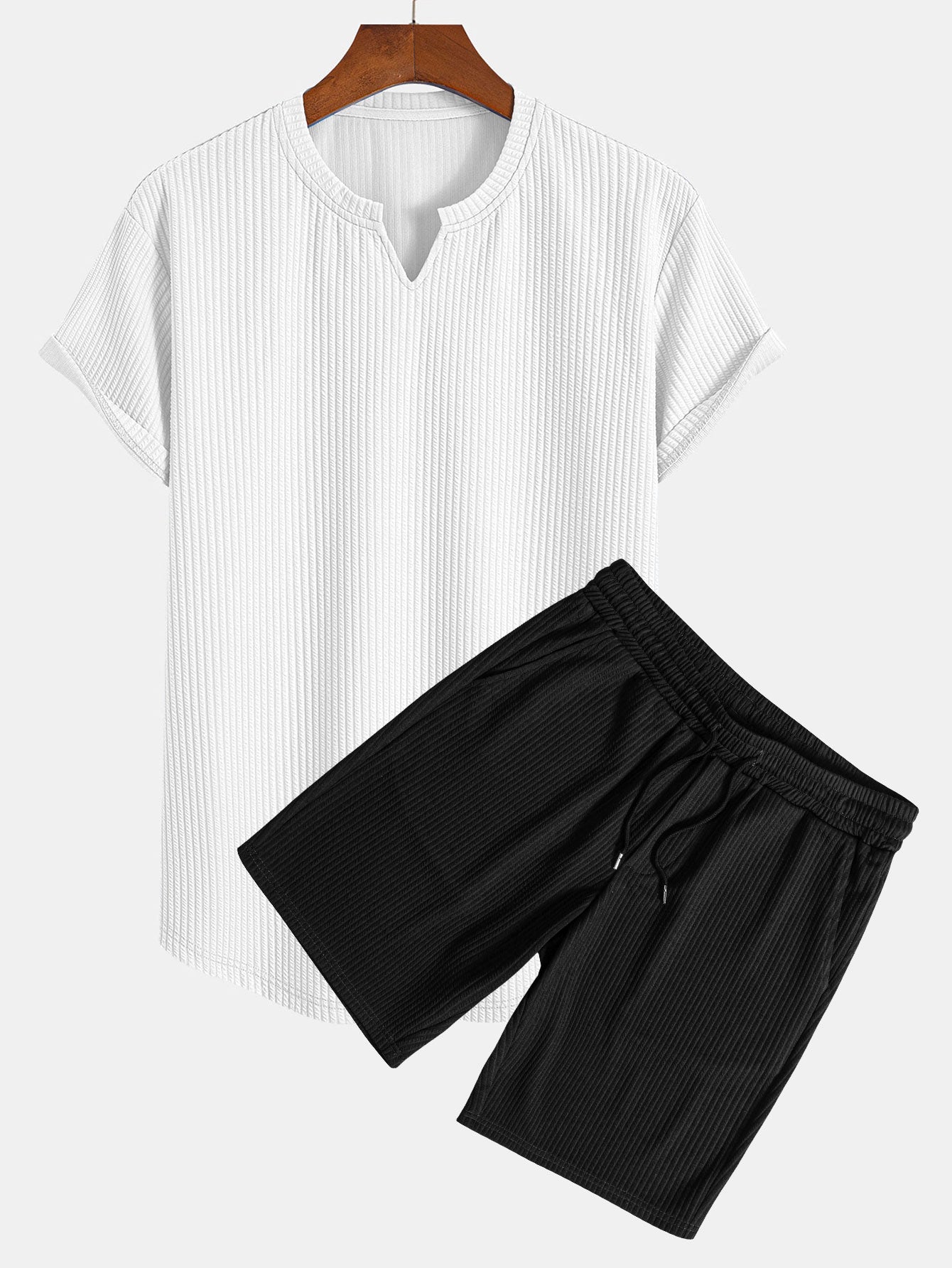 Muscle Fit Notch Ribbed Arc Hem T-Shirt & Drawstring Ribbed Shorts