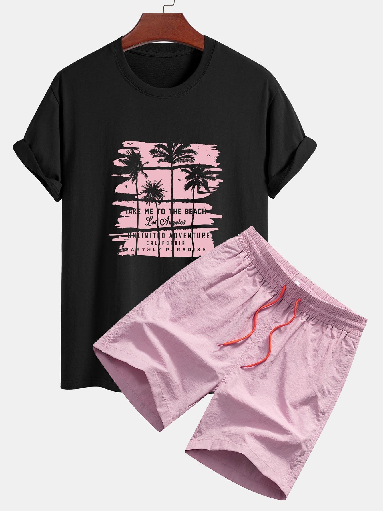 Palm Tree Silhouette Print Cotton T-Shirt & Man Mid Length Drawstring Swim Shorts